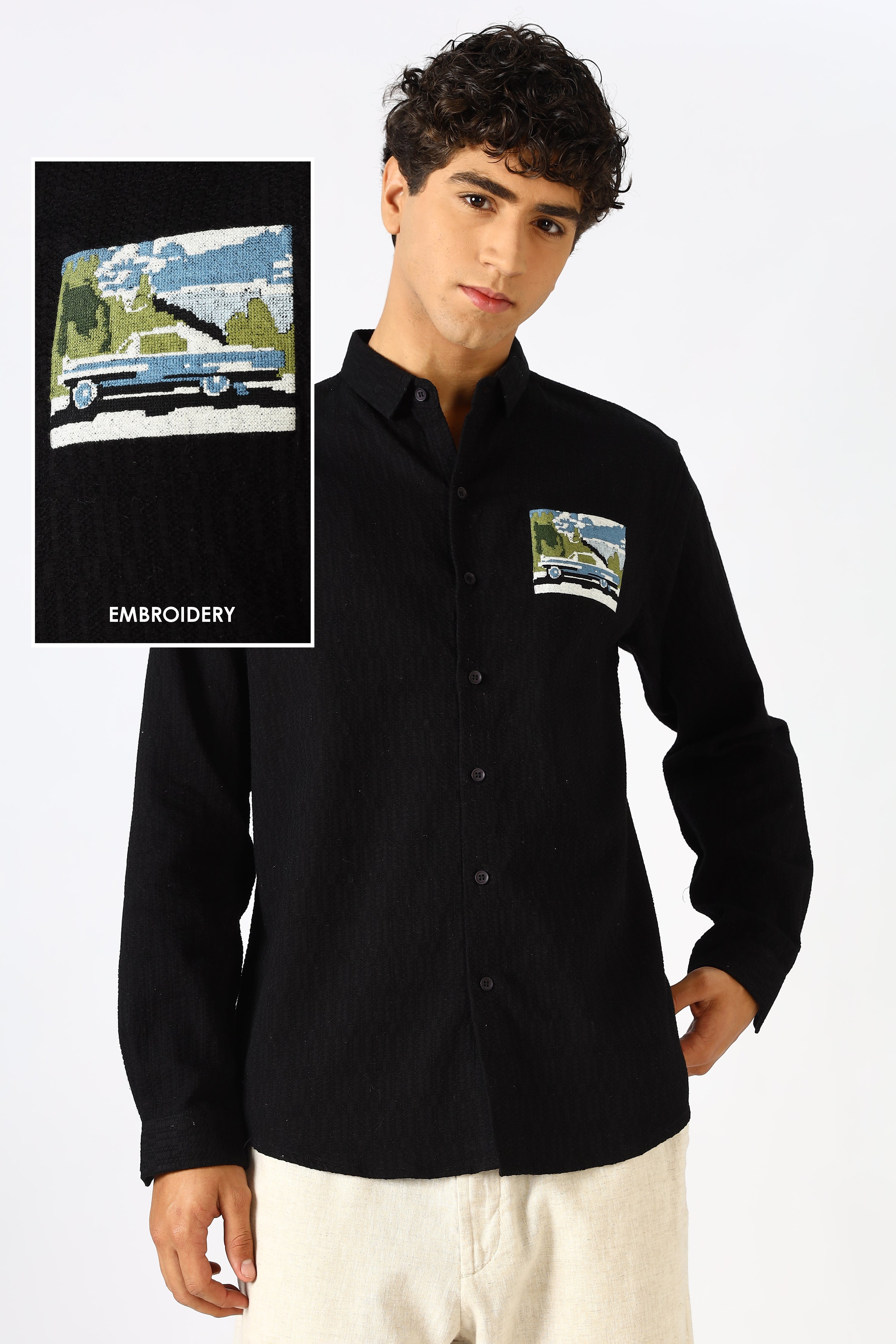 Coastal Drive Cotton Regular Fit Black Embroidered Shirt