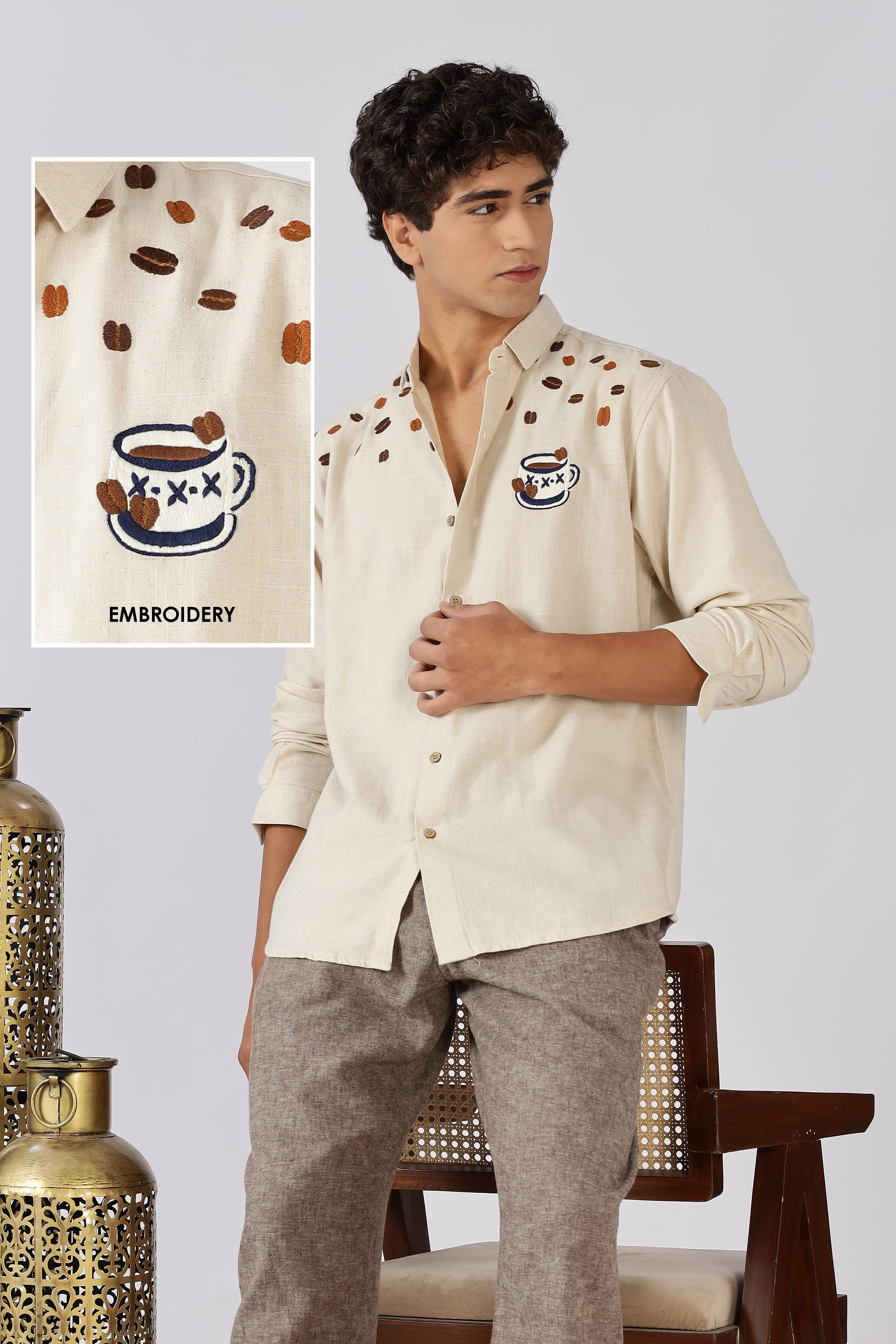 Morning Brew Cotton Regular Fit Beige Embroidered Shirt