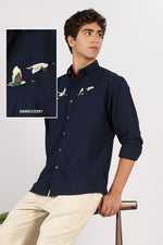 Flying Ducks Cotton Regular Fit Blue Embroidered Shirt