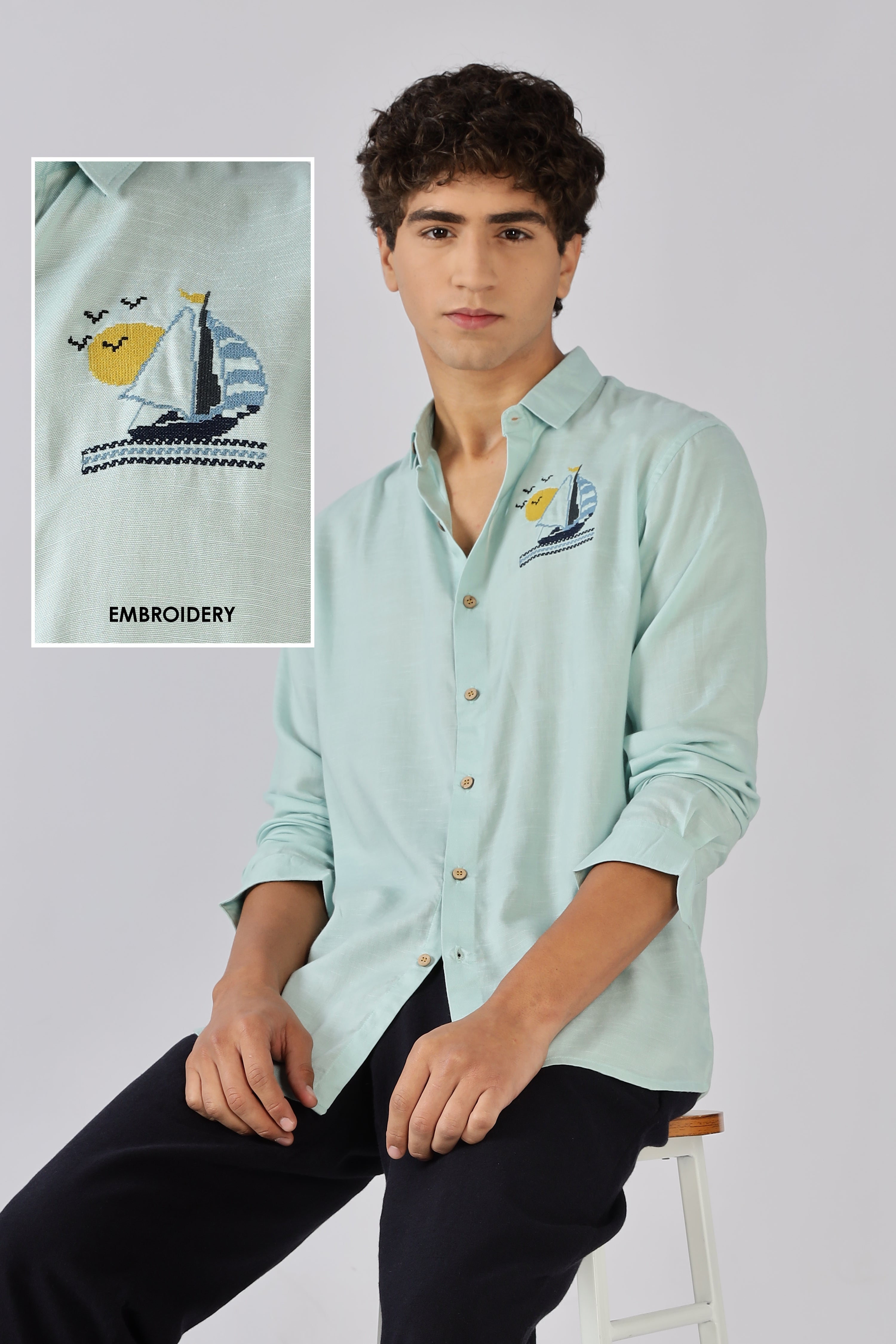 Sailboat Mint Embroidered Cotton Shirt