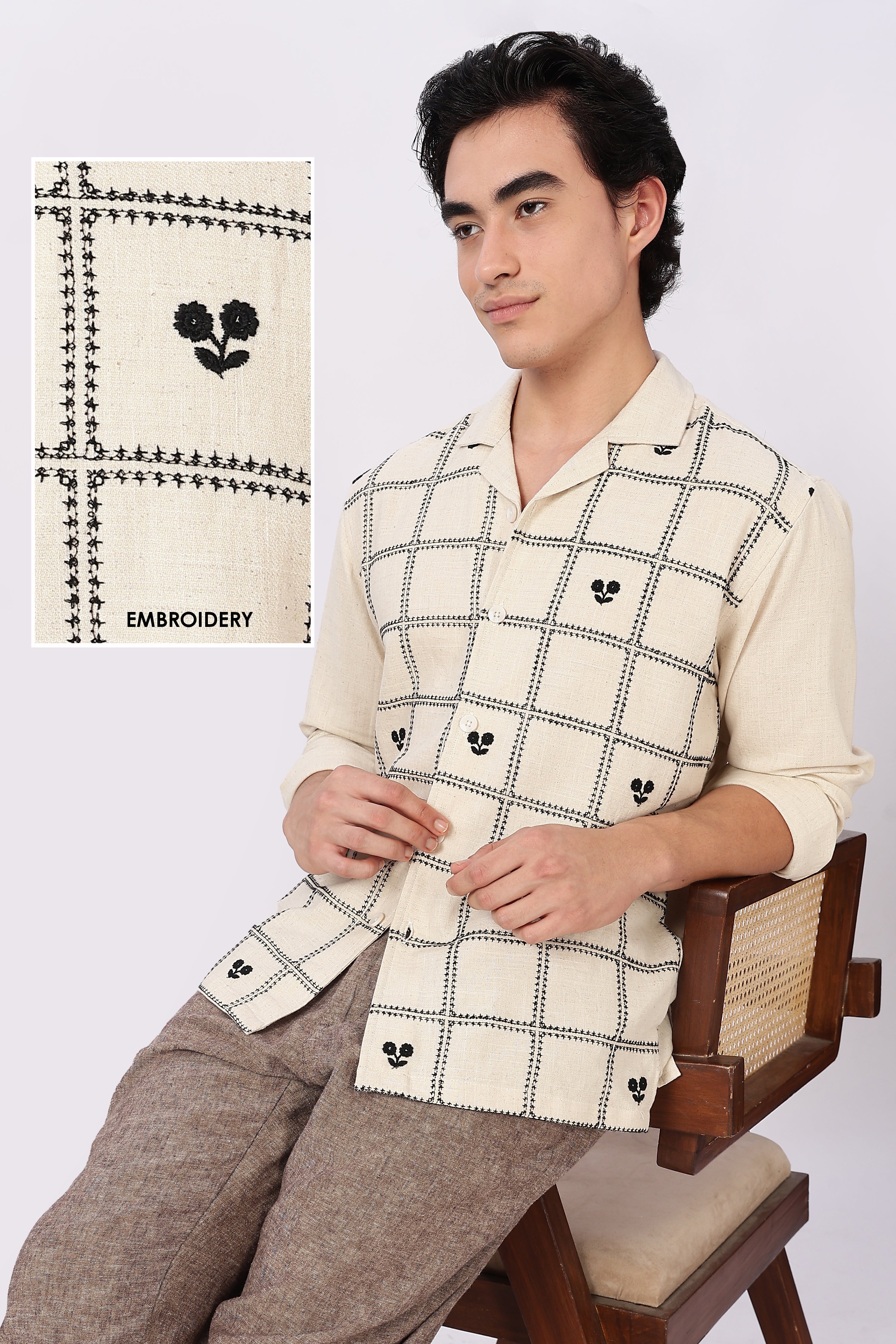 Craftline Cotton Box Fit Beige Embroidered Shirt