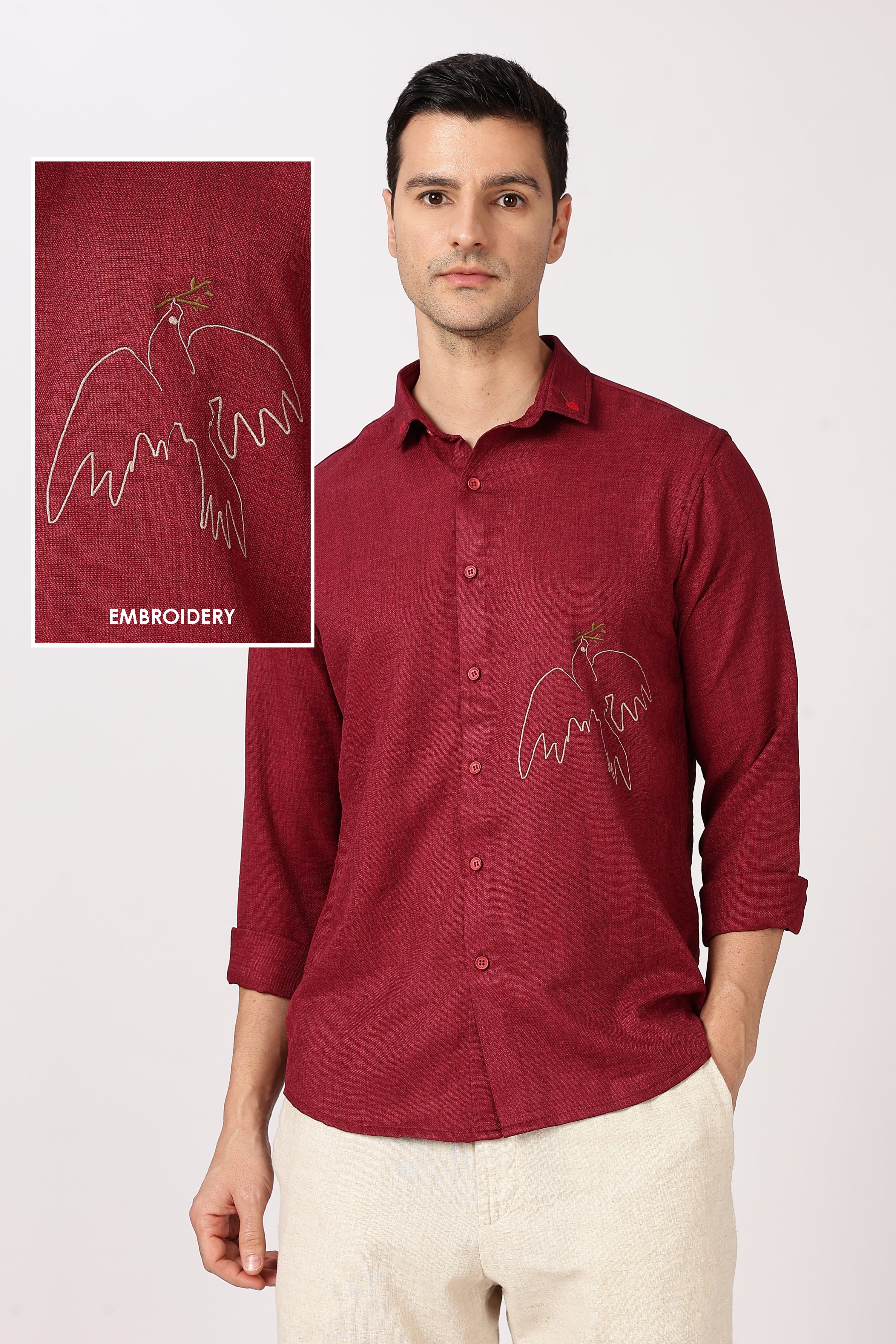 Peace Dove Cotton Regular Fit Maroon Embroidered Shirt