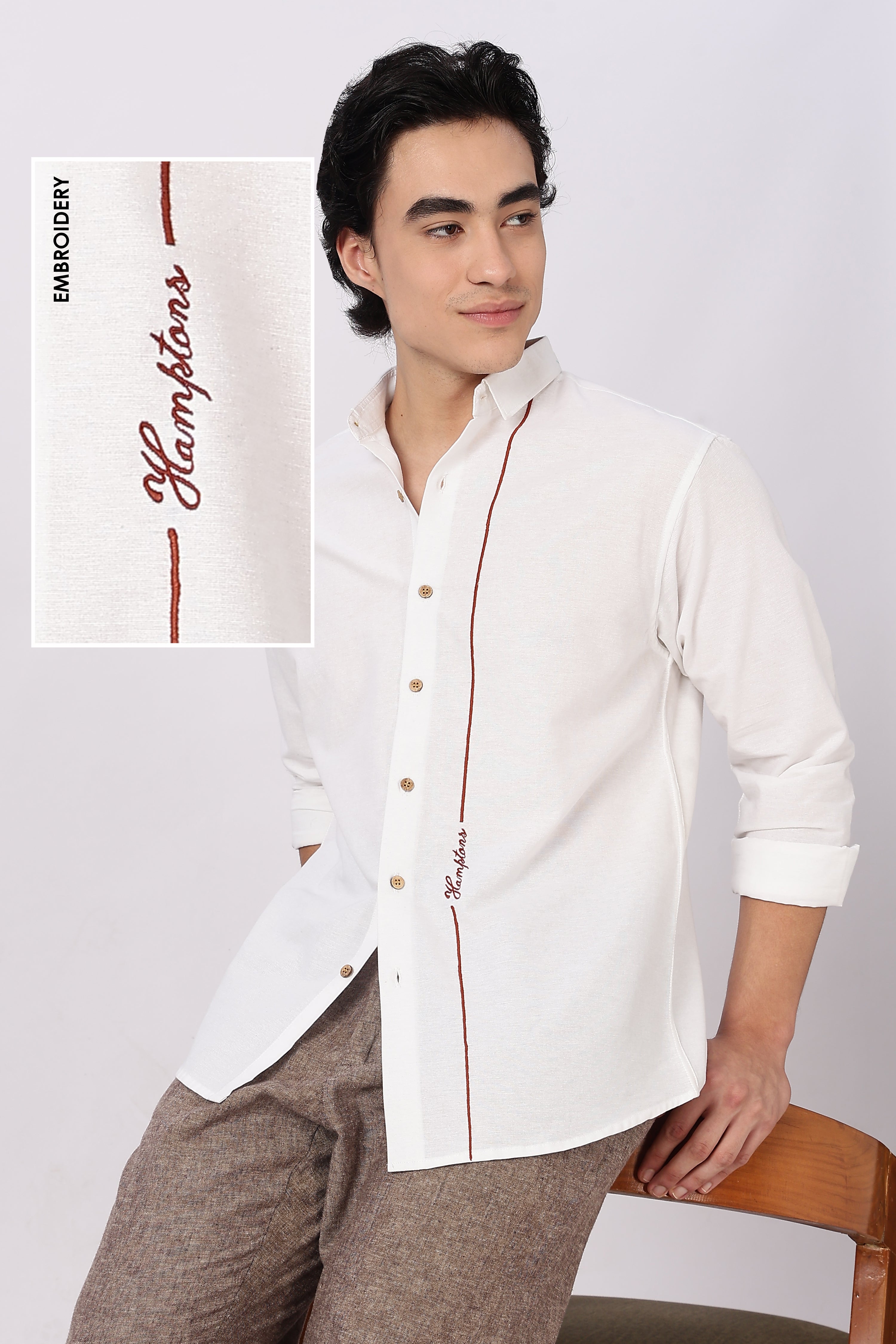 Signature Line Hamptons Cotton Regular Fit White Embroidered Shirt