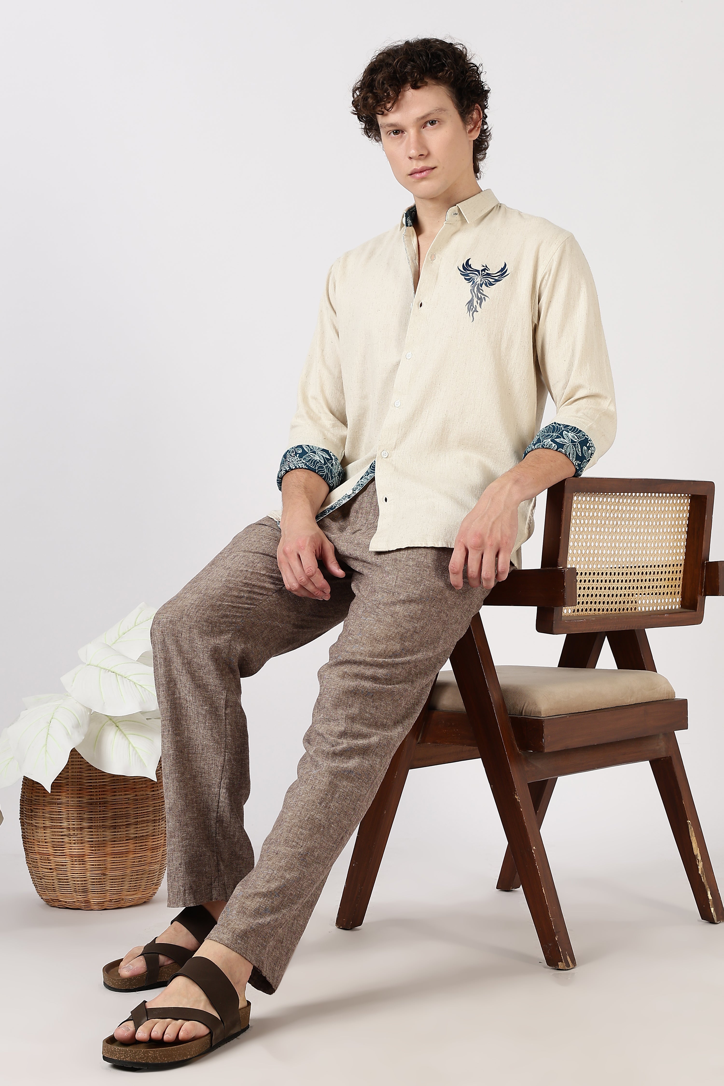 Phoenix Rise Cotton Regular Fit Beige Embroidered Shirt