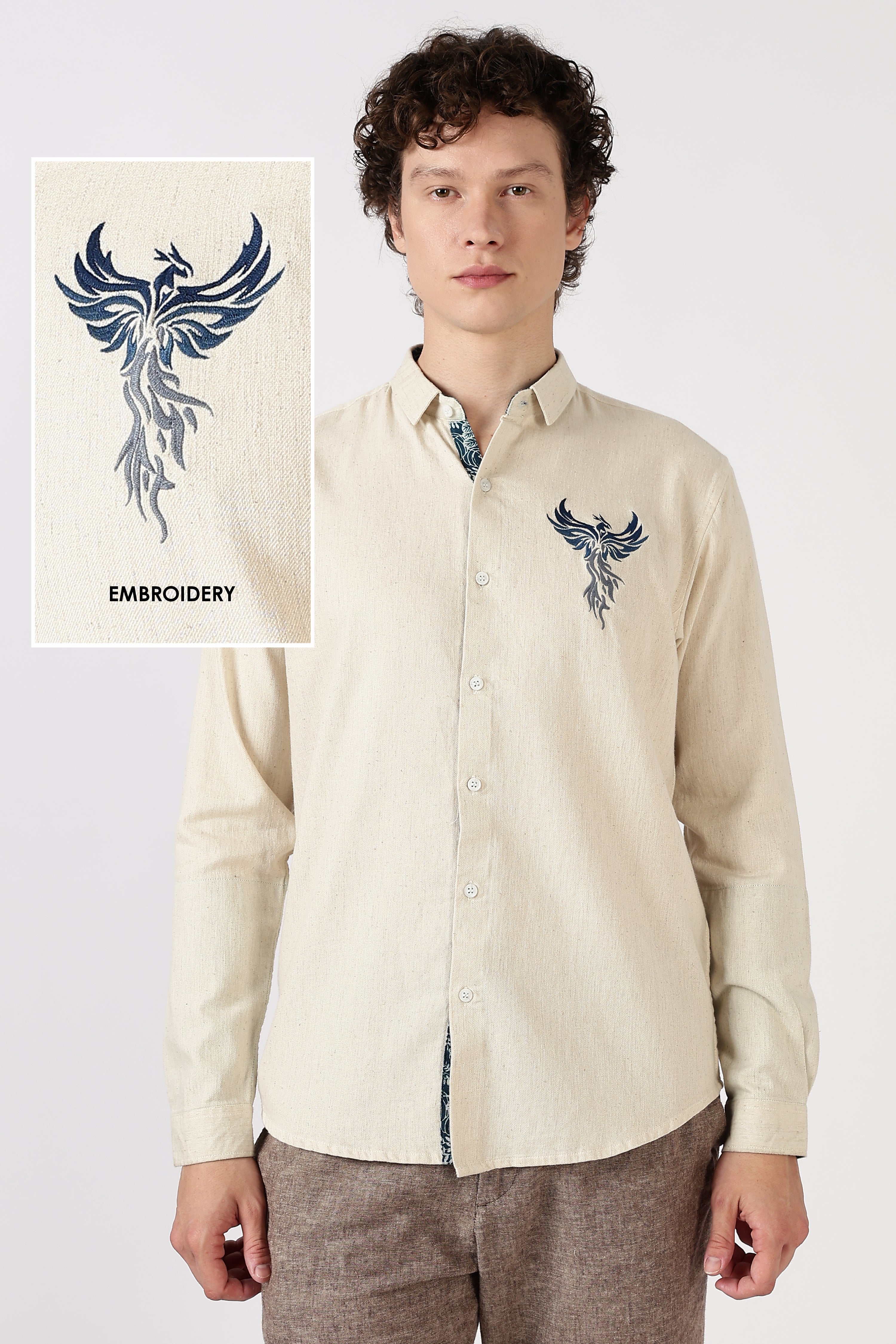 Phoenix Rise Cotton Regular Fit Beige Embroidered Shirt