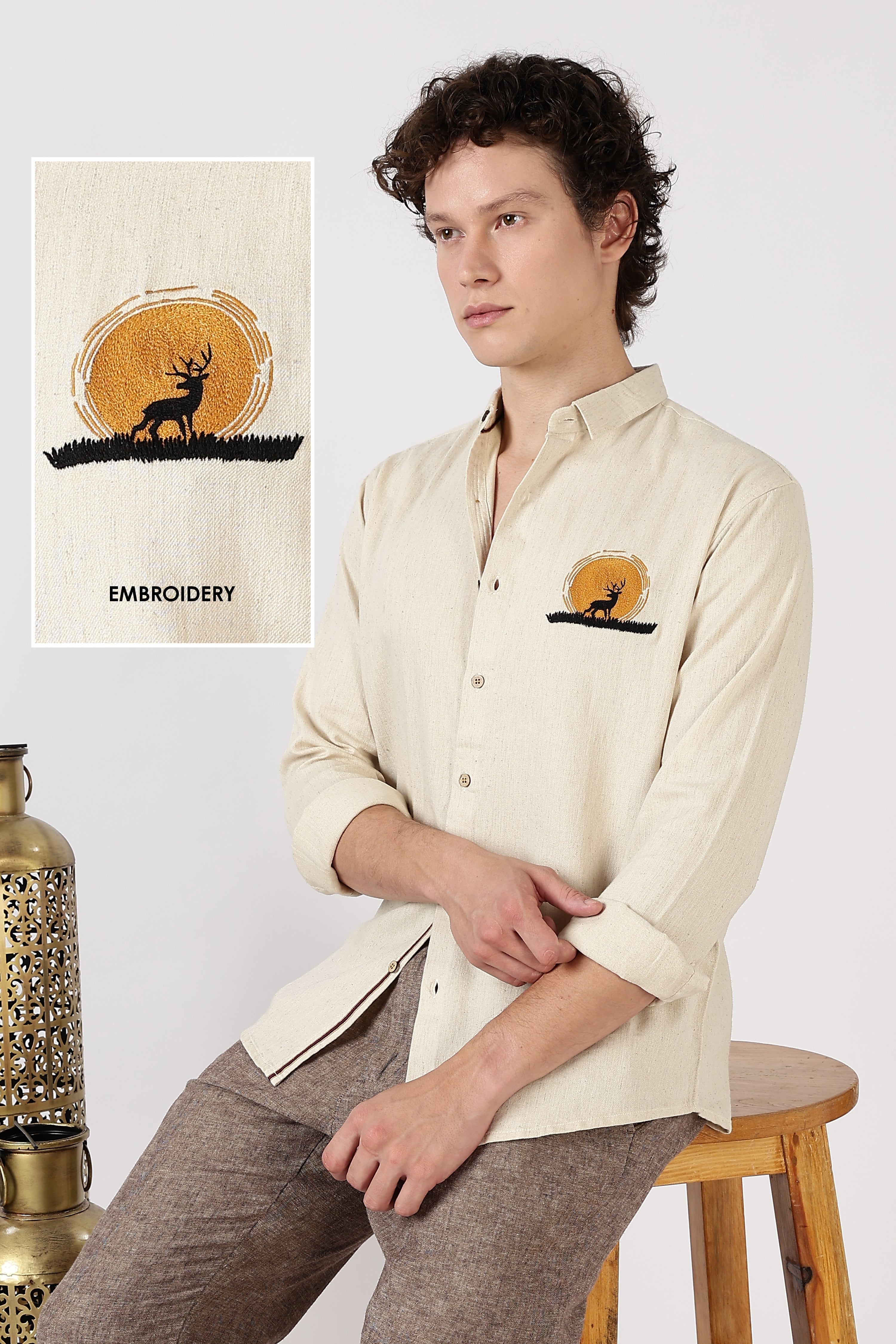 Golden Stag Cotton Regular Fit Beige Embroidered Shirt