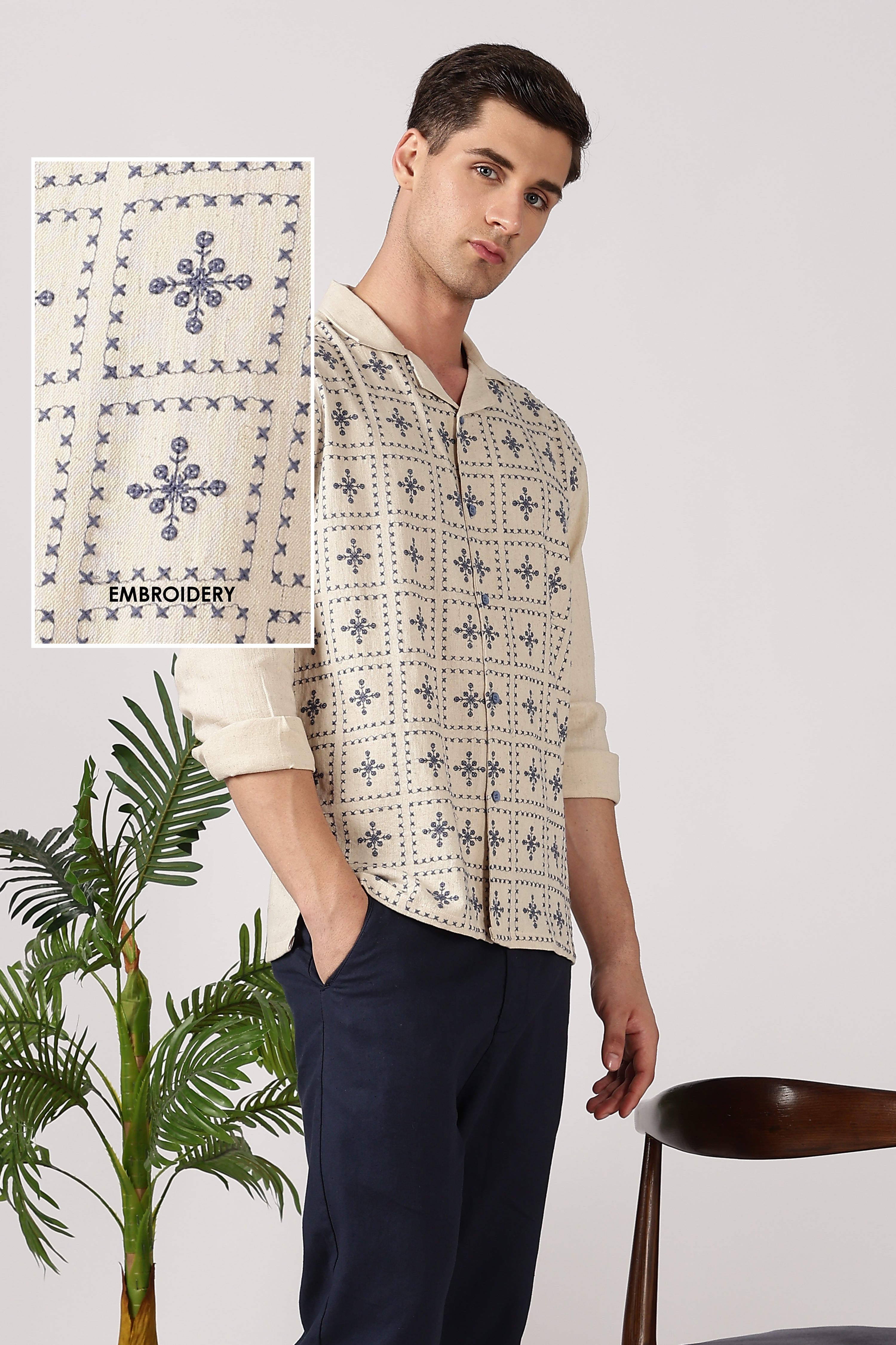Heritage Blue Grid Cotton Box Fit Beige Embroidered Shirt