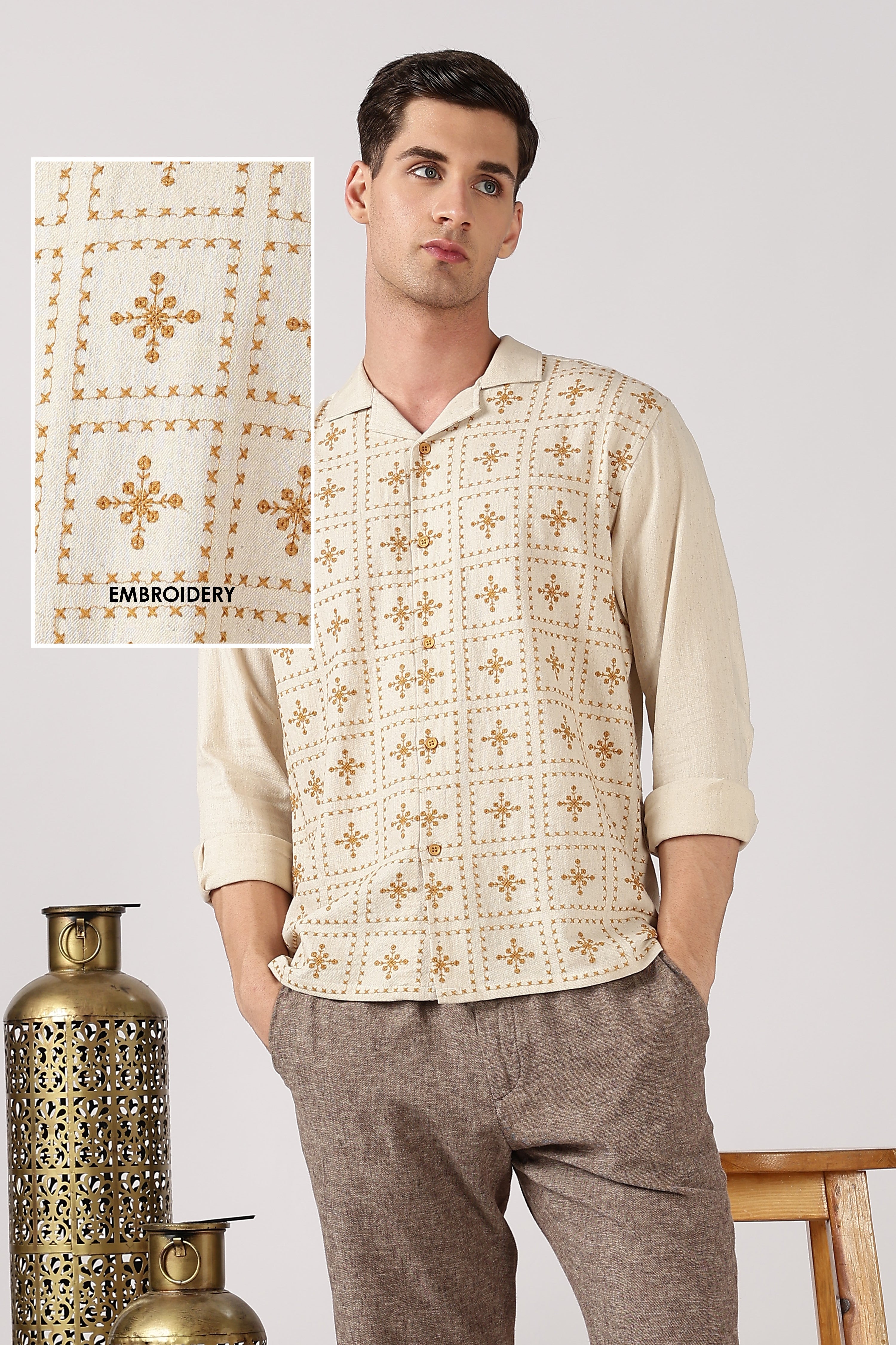 Heritage Yellow Grid Cotton Box Fit Beige Embroidered Shirt