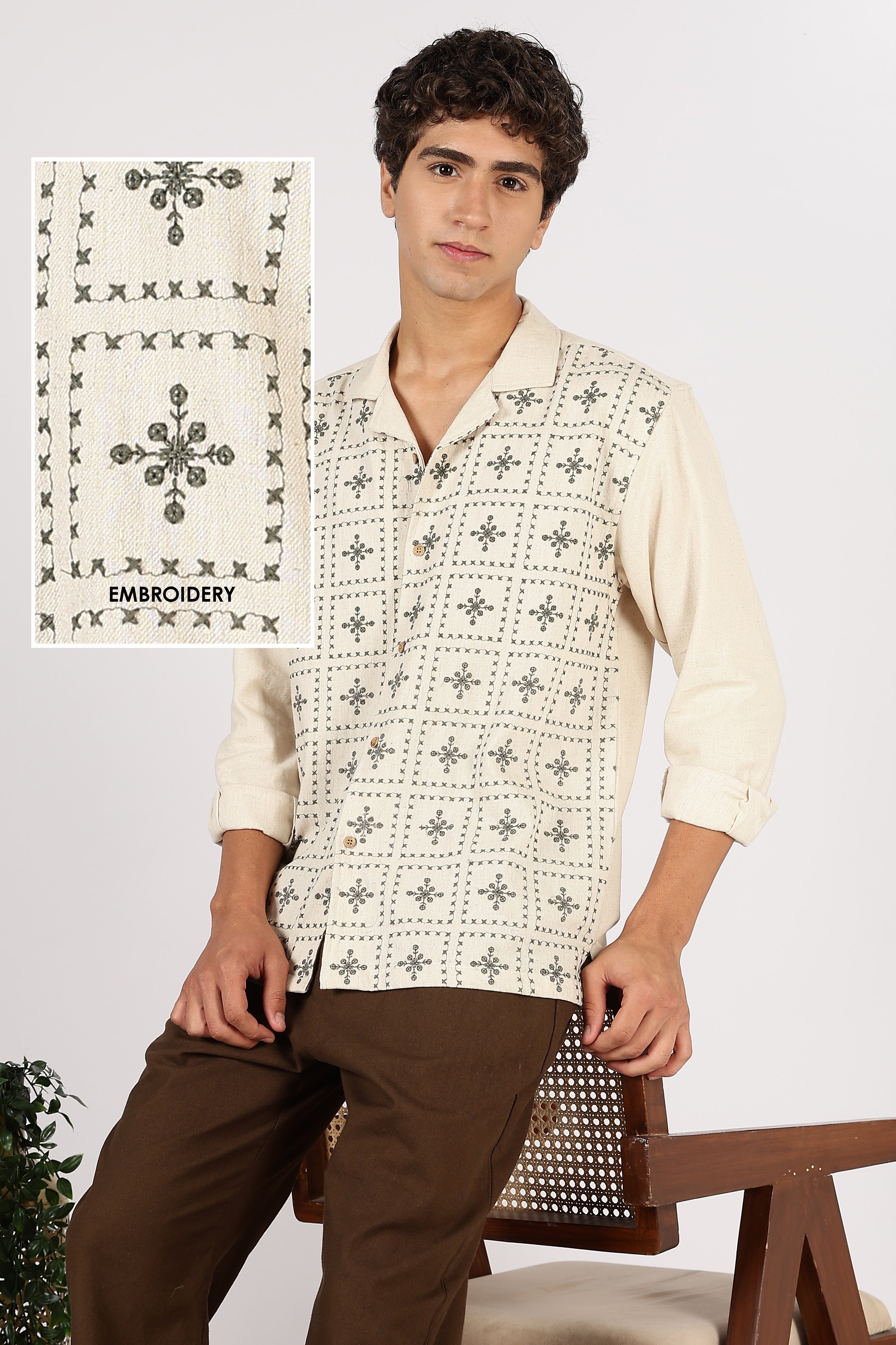 Heritage Grid Cotton Box Fit Beige Embroidered Shirt