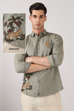Sundarbans Cotton Regular Fit Sage Green Embroidered Shirt