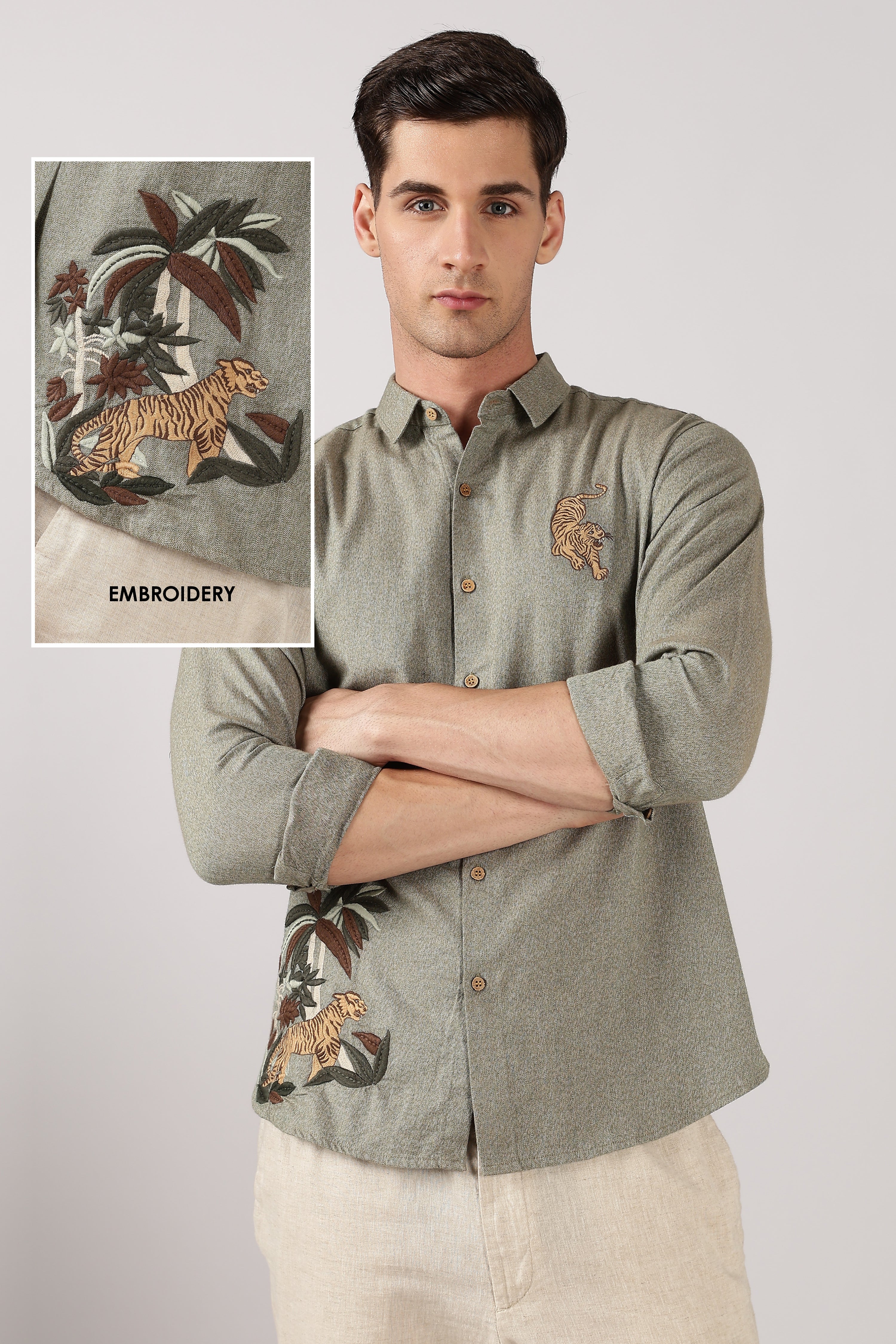 Jungle Roar Cotton Regular Fit Sage Green Embroidered Shirt