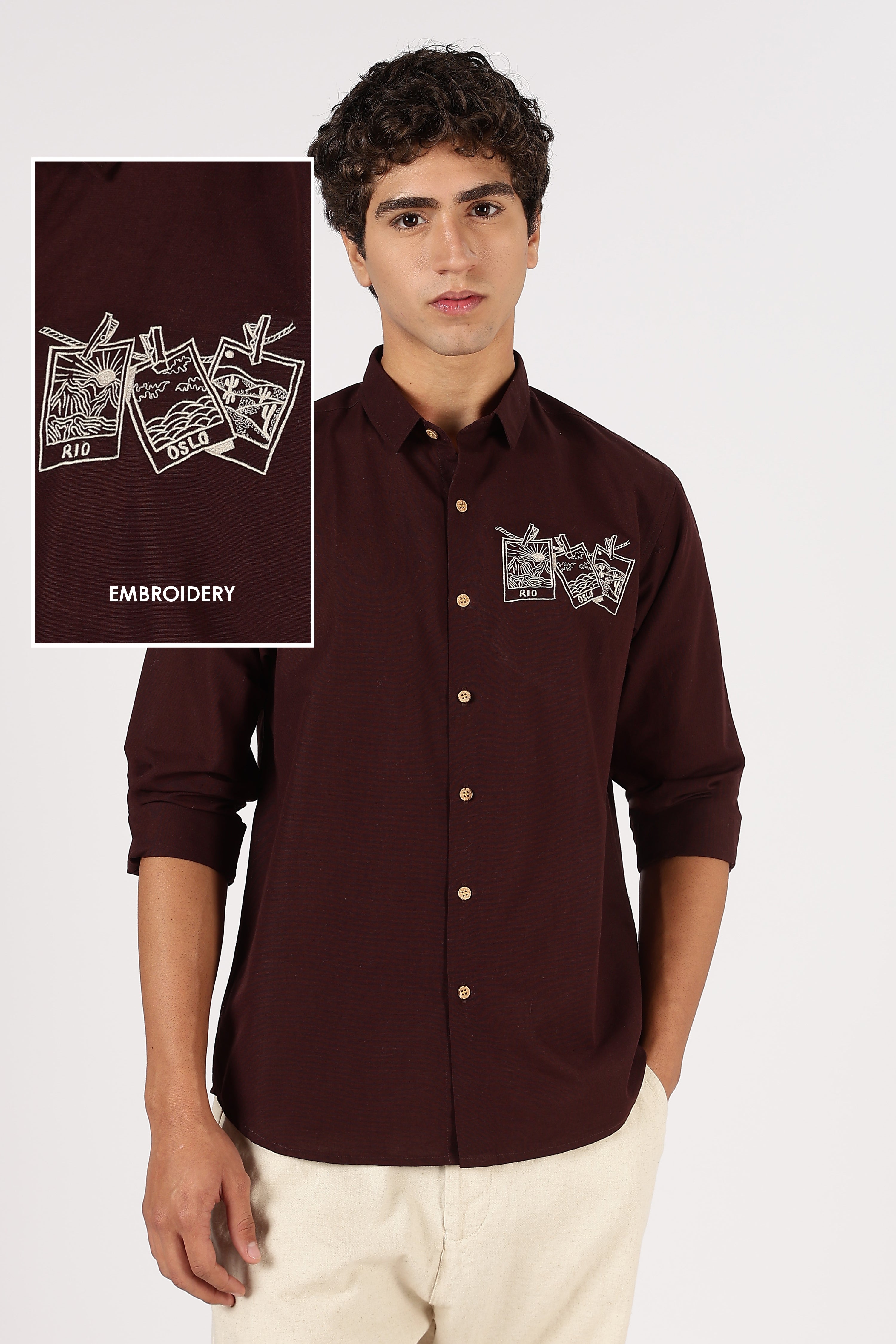 Rio & Oslo Graphic Cotton Regular Fit Brown Embroidered Shirt