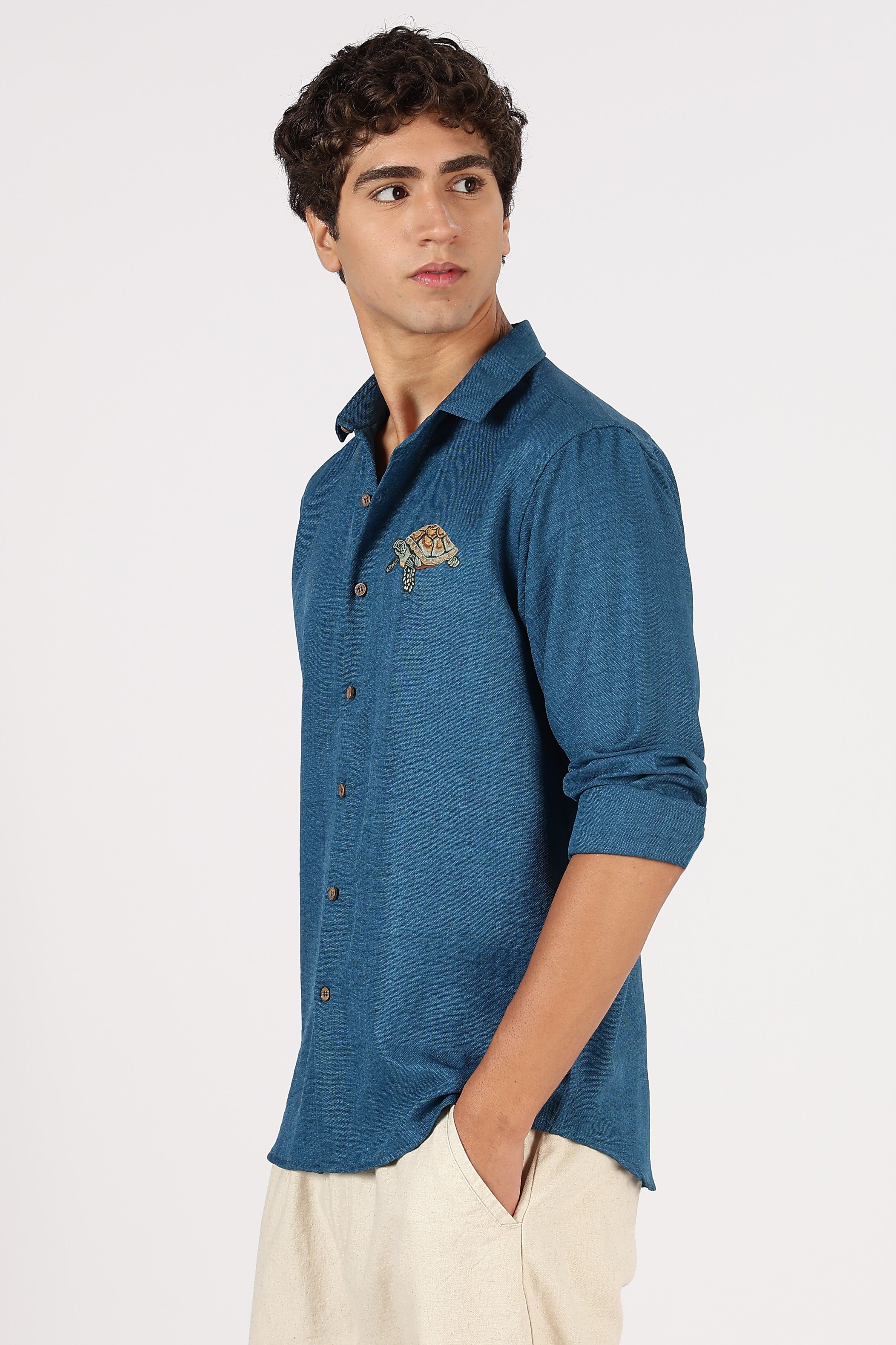 Ocean Turtle Cotton Regular Fit Blue Embroidered Shirt