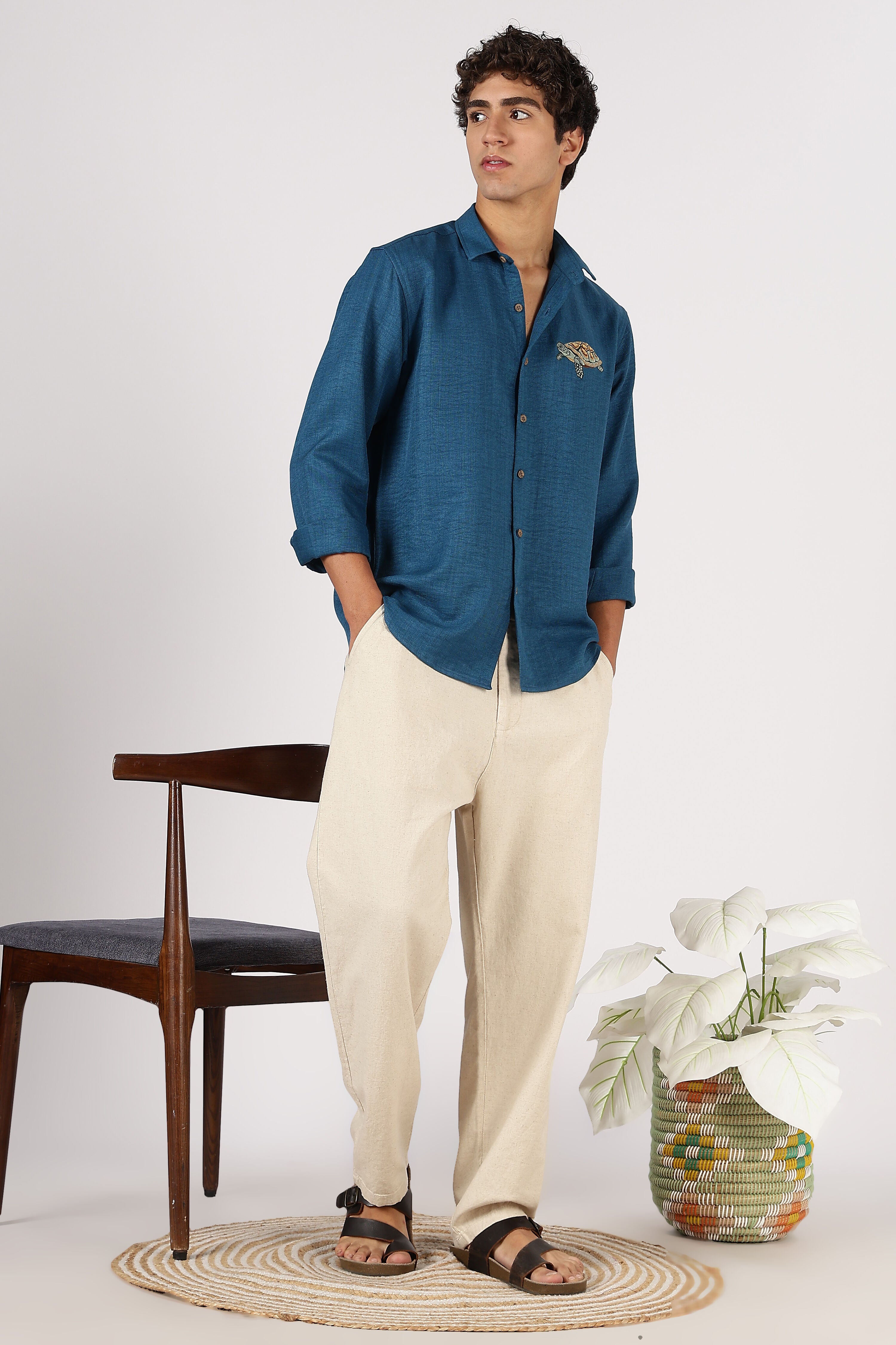 Ocean Turtle Cotton Regular Fit Blue Embroidered Shirt