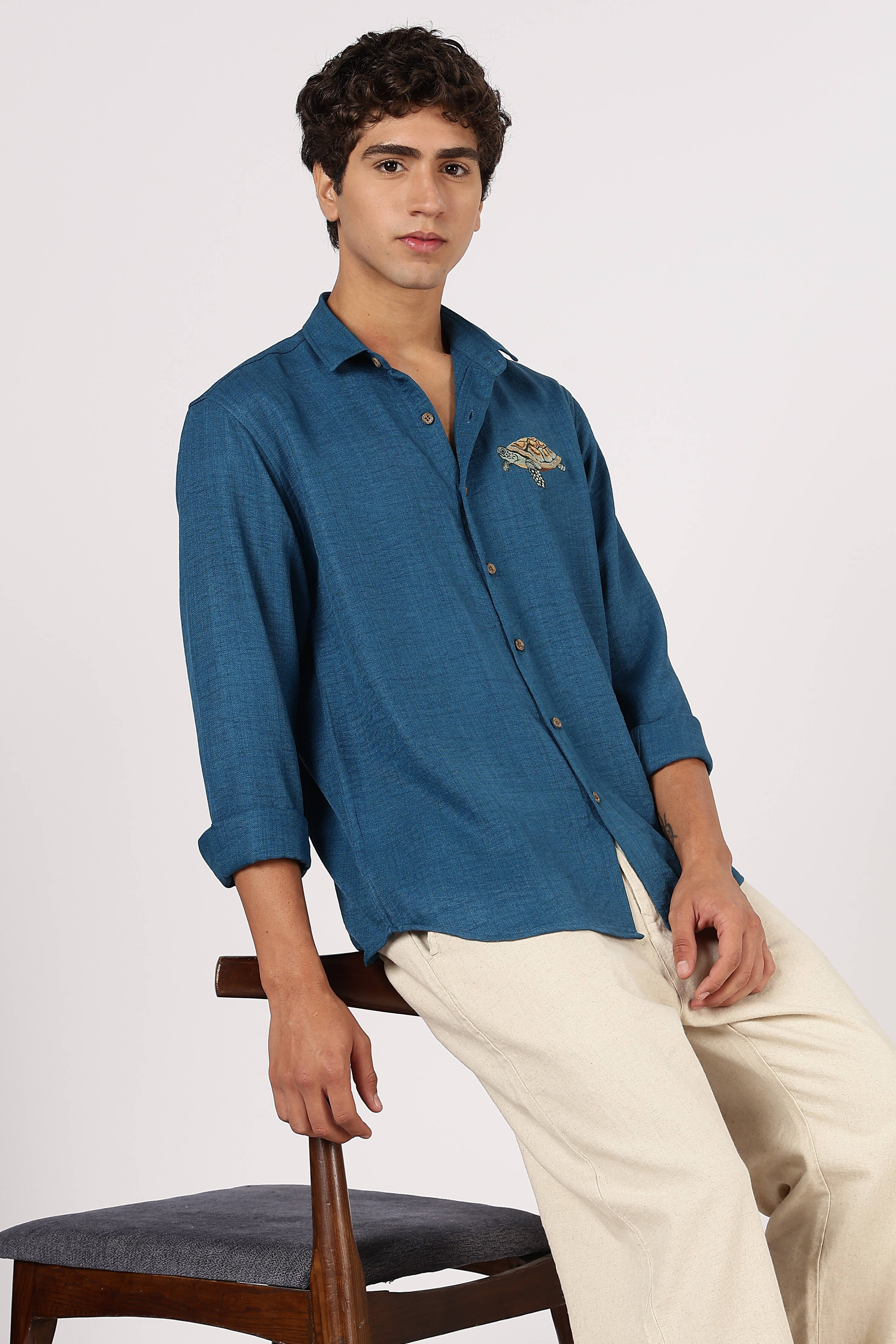 Ocean Turtle Cotton Regular Fit Blue Embroidered Shirt