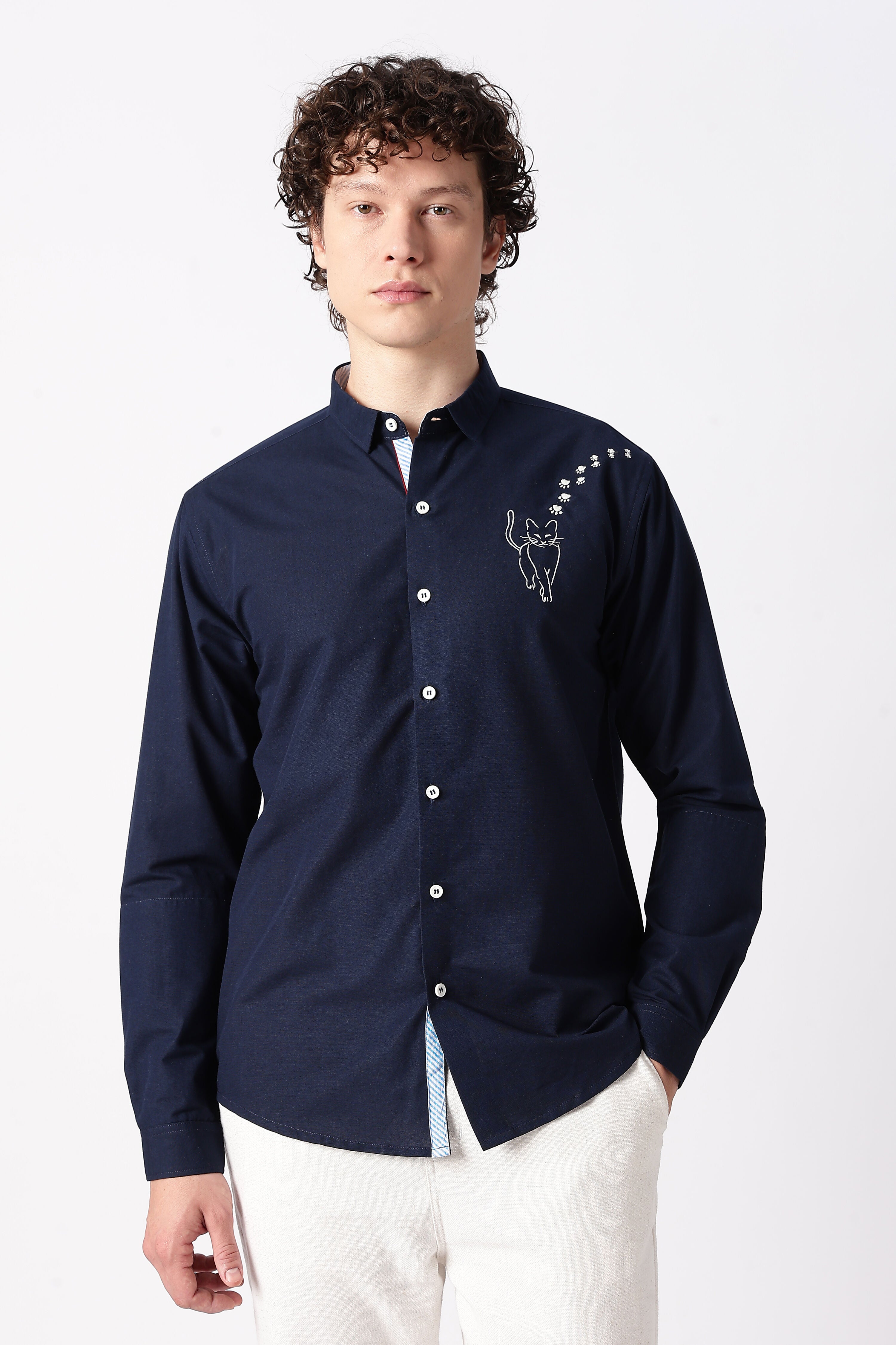 Playful Cat Cotton Regular Fit Blue Embroidered Shirt