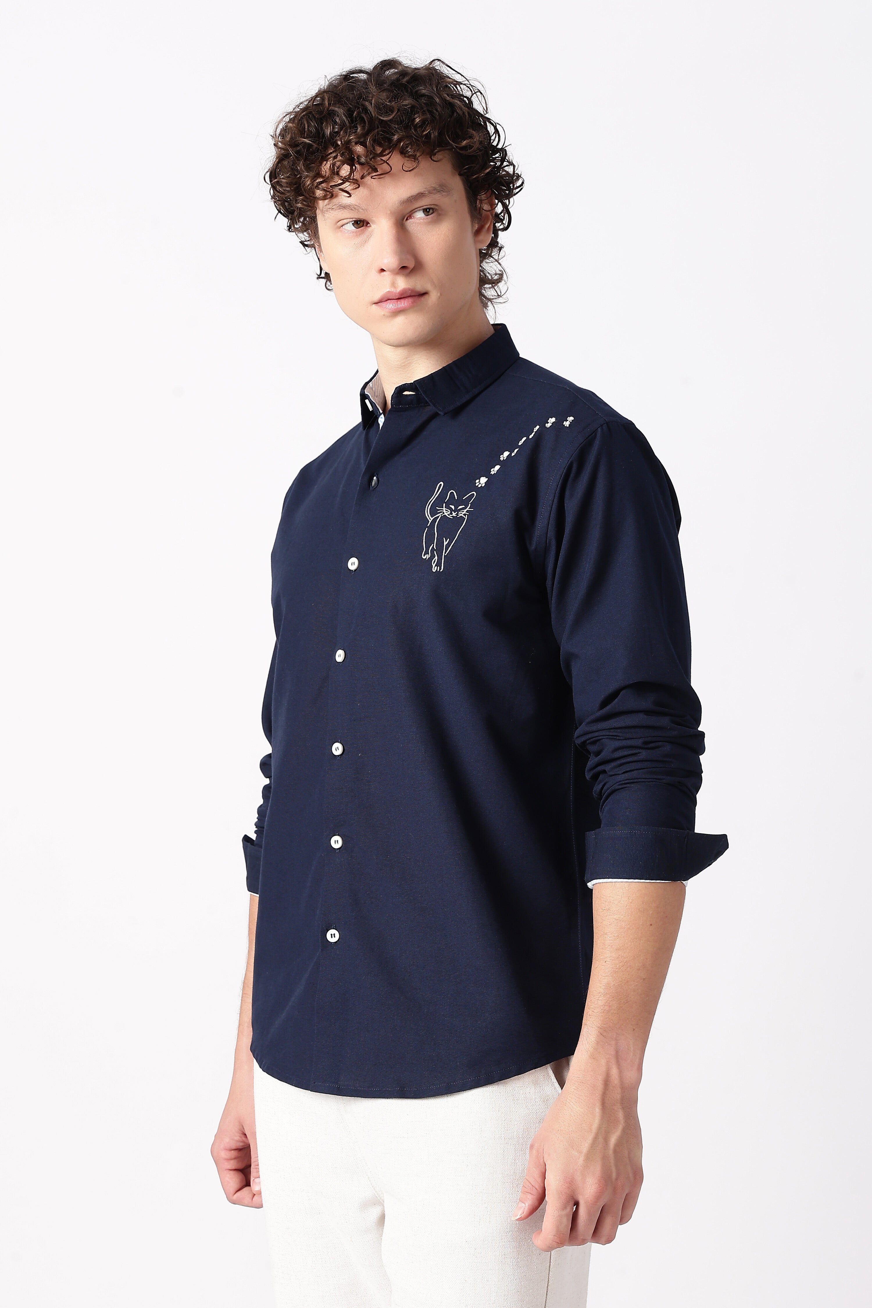 Playful Cat Cotton Regular Fit Blue Embroidered Shirt