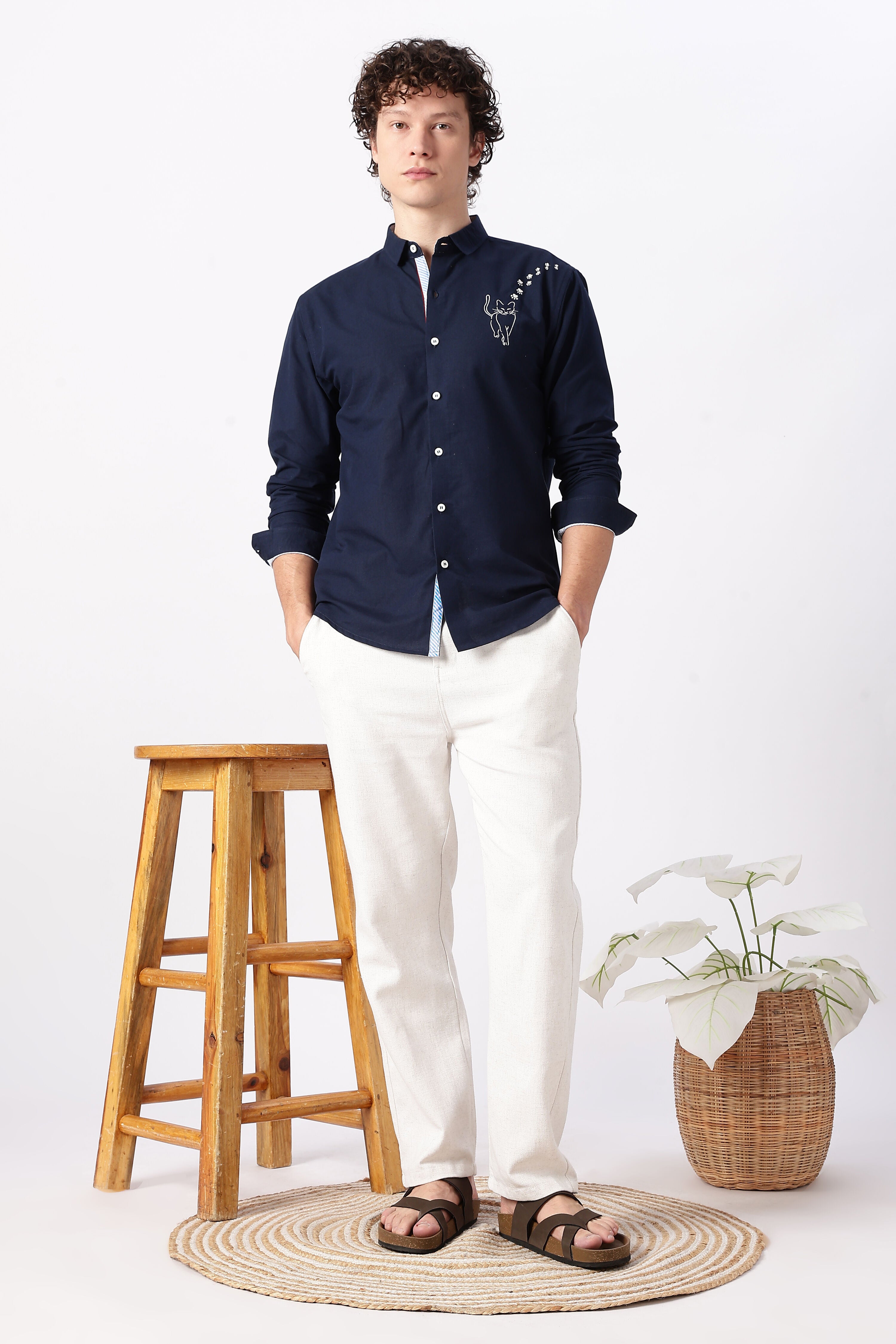 Playful Cat Cotton Regular Fit Blue Embroidered Shirt
