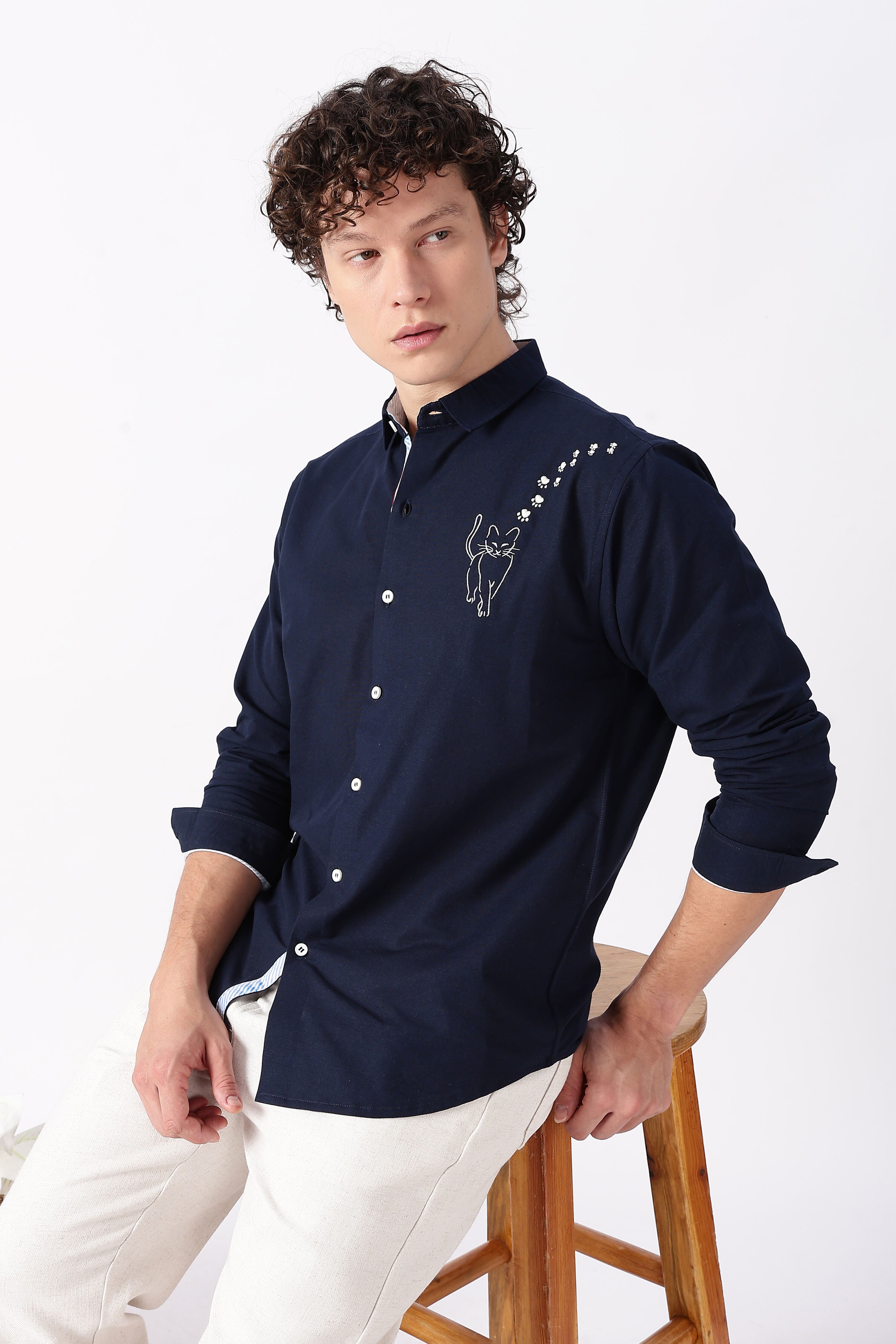 Playful Cat Cotton Regular Fit Blue Embroidered Shirt