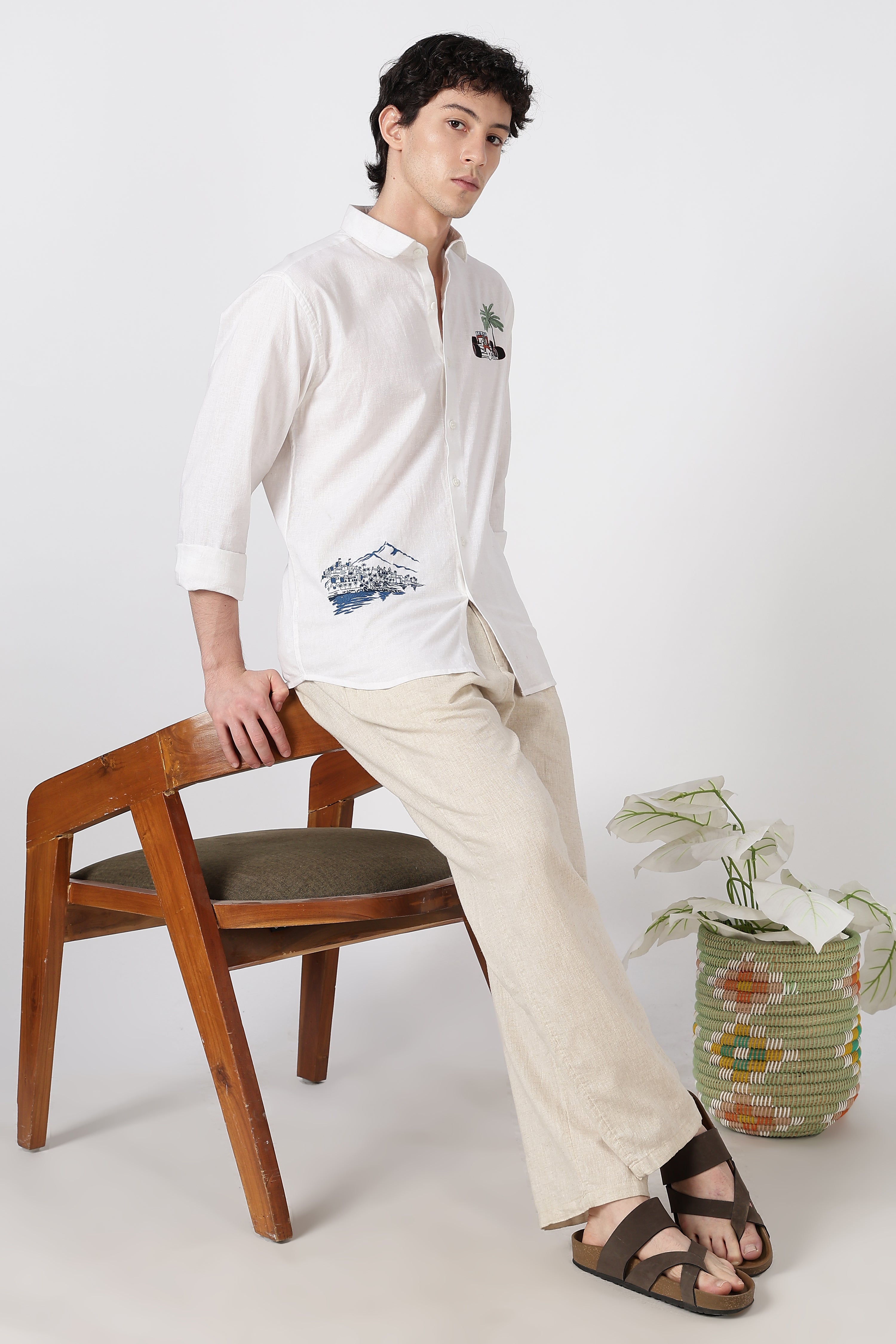 Monaco Circuit Cotton Regular Fit White Embroidered Shirt