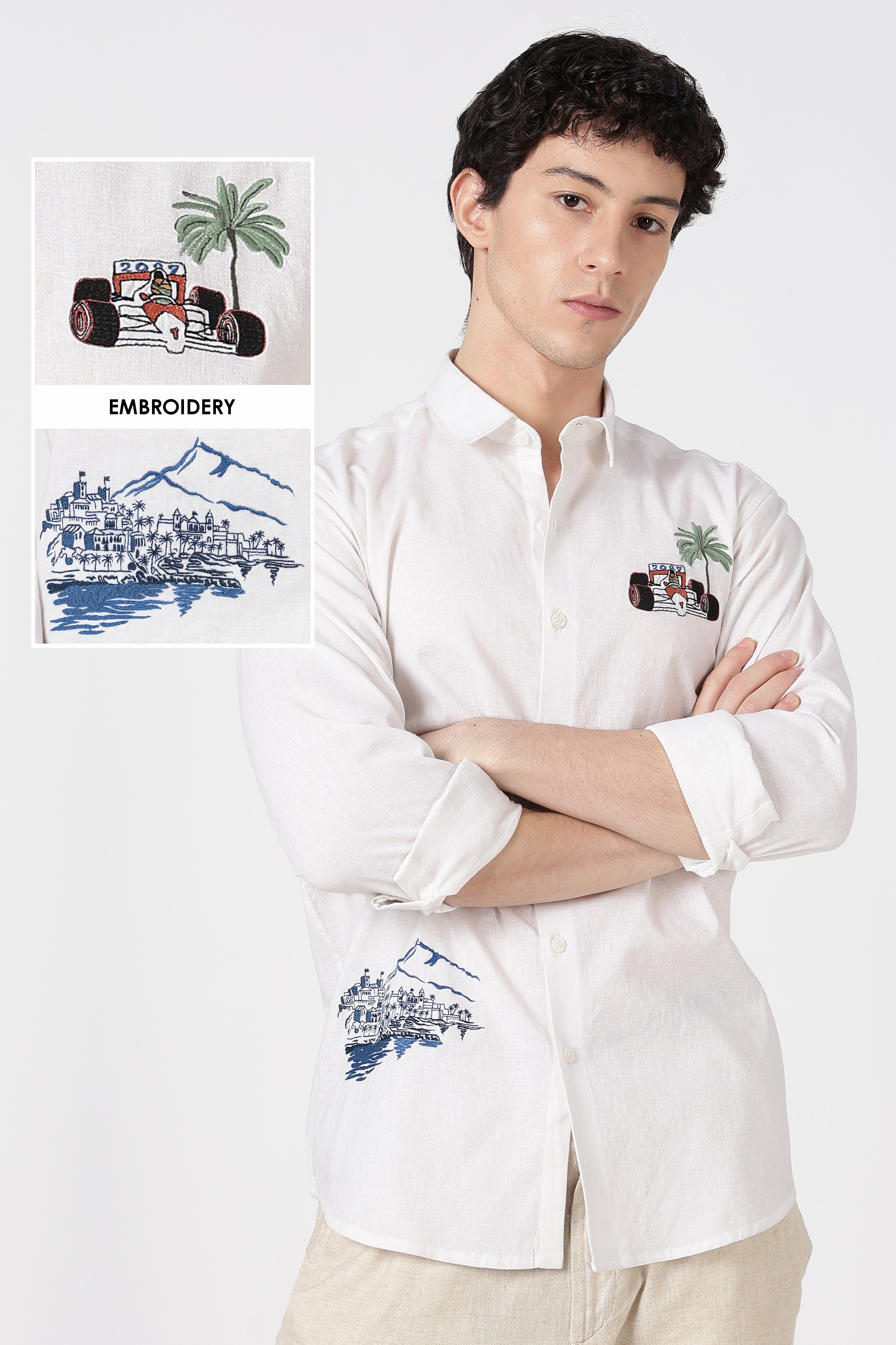 Monaco Circuit Cotton Regular Fit White Embroidered Shirt