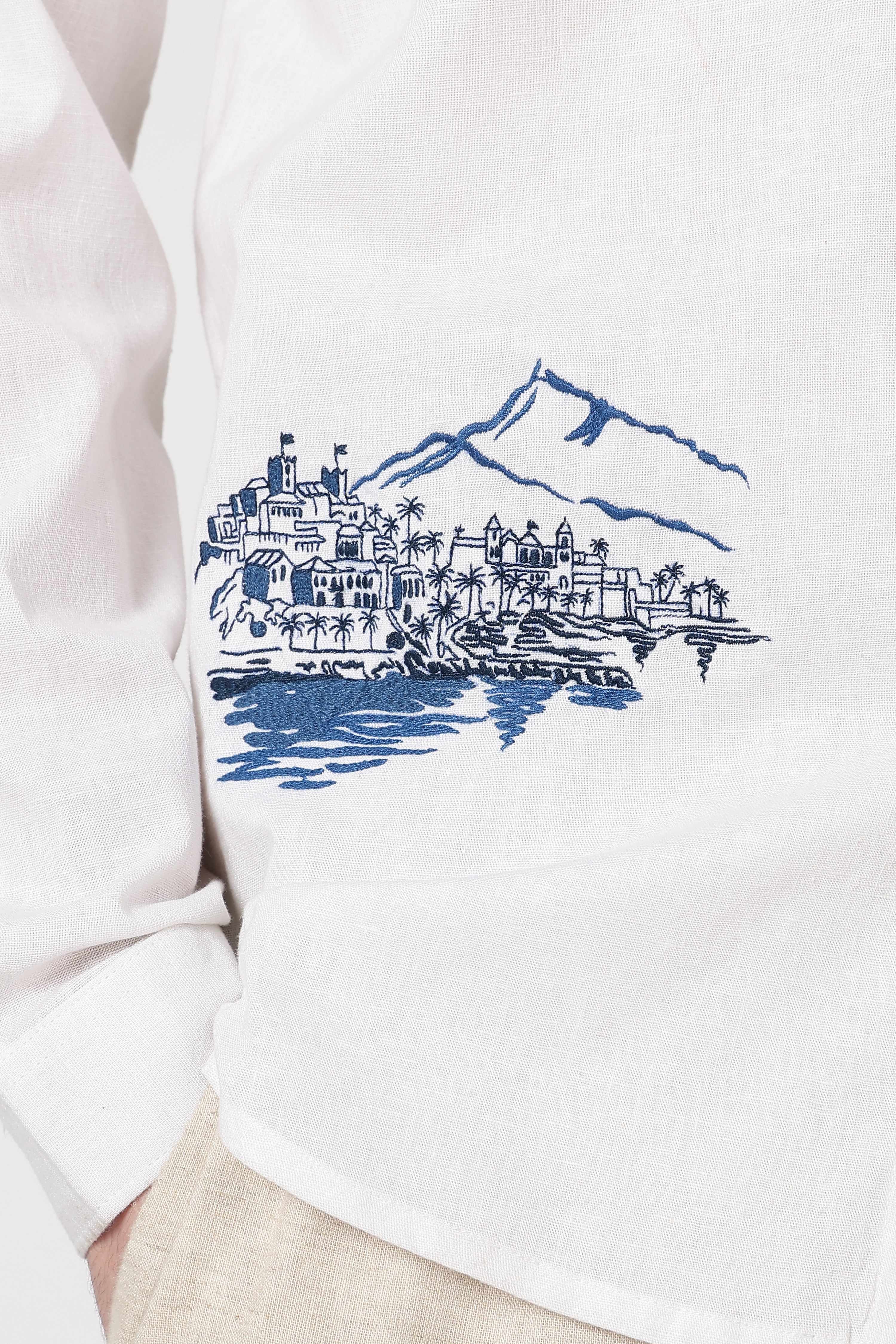 Monaco Circuit Cotton Regular Fit White Embroidered Shirt