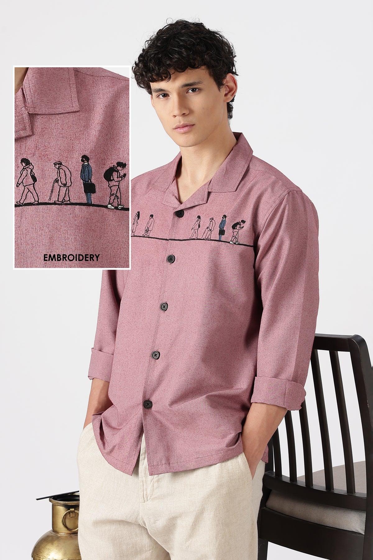 The Wanderer Travellers Cotton Box Fit Pink Embroidered Shirt