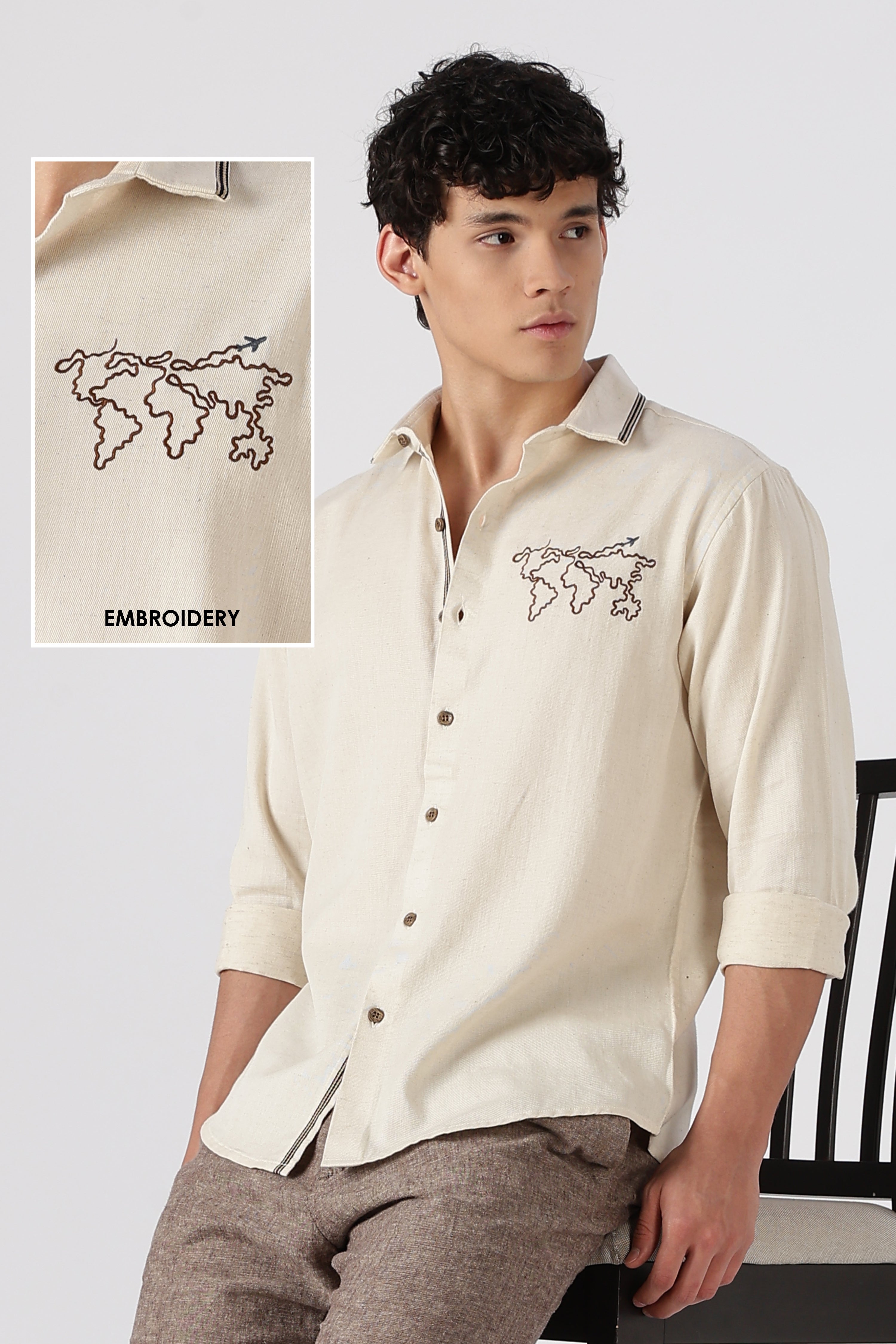 Wanderlust Trail Cotton Regular Fit Beige Embroidered Shirt
