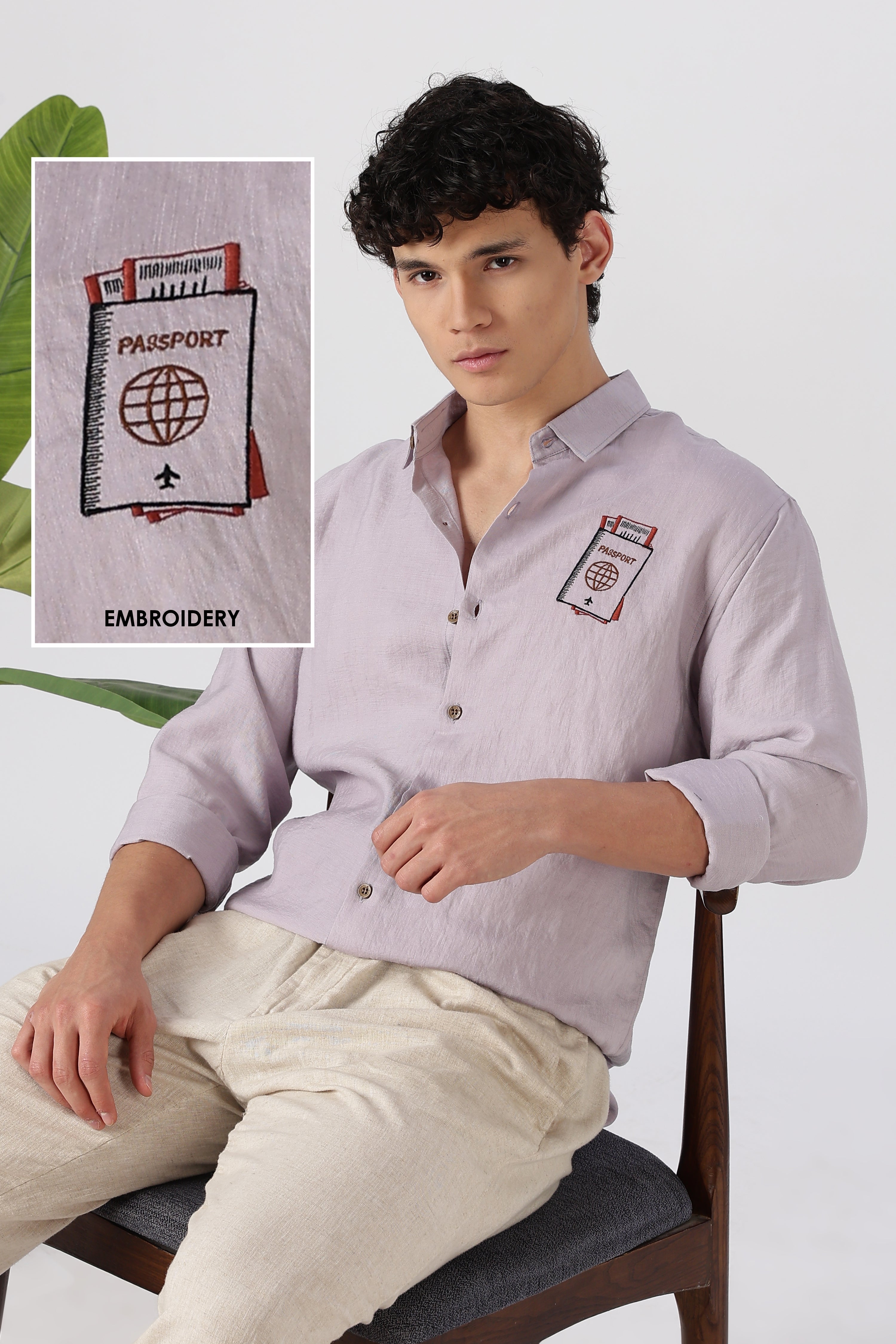 Wanderer's Passport Cotton Regular Fit Purple Embroidered Shirt