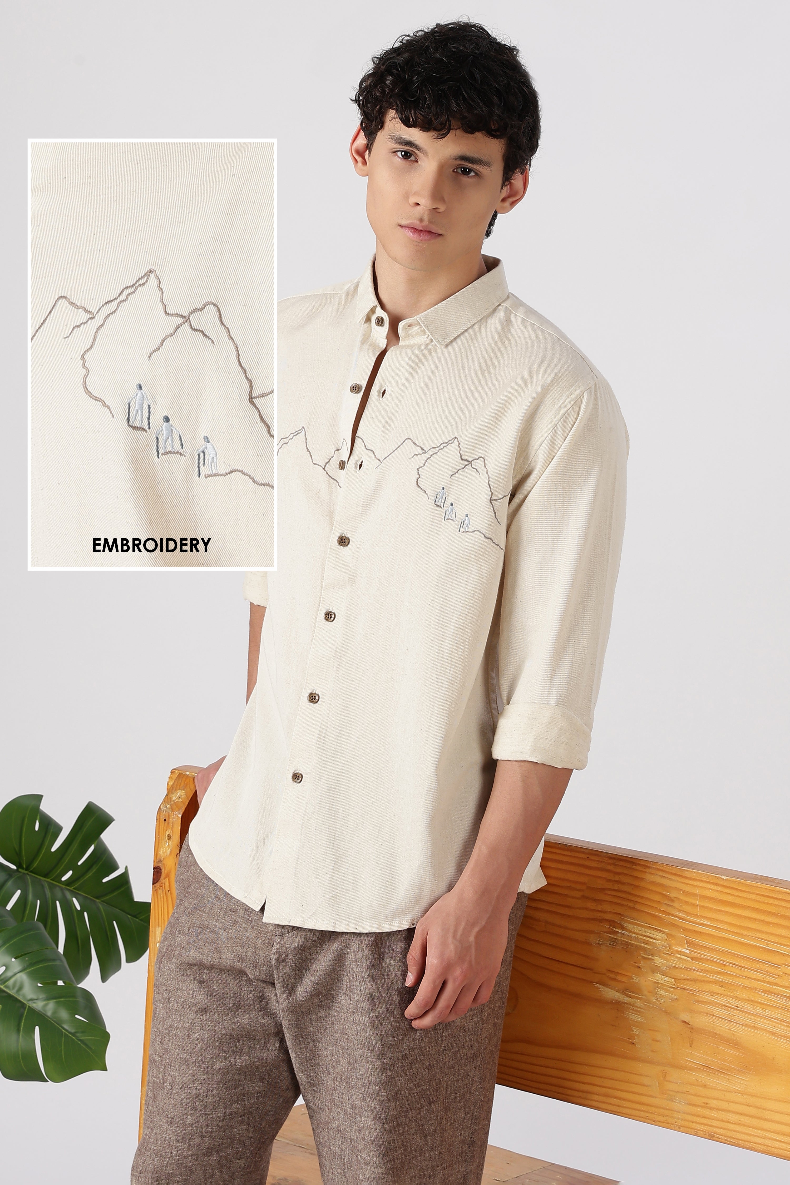 Summit Trek Cotton Regular Fit Beige Embroidered Shirt