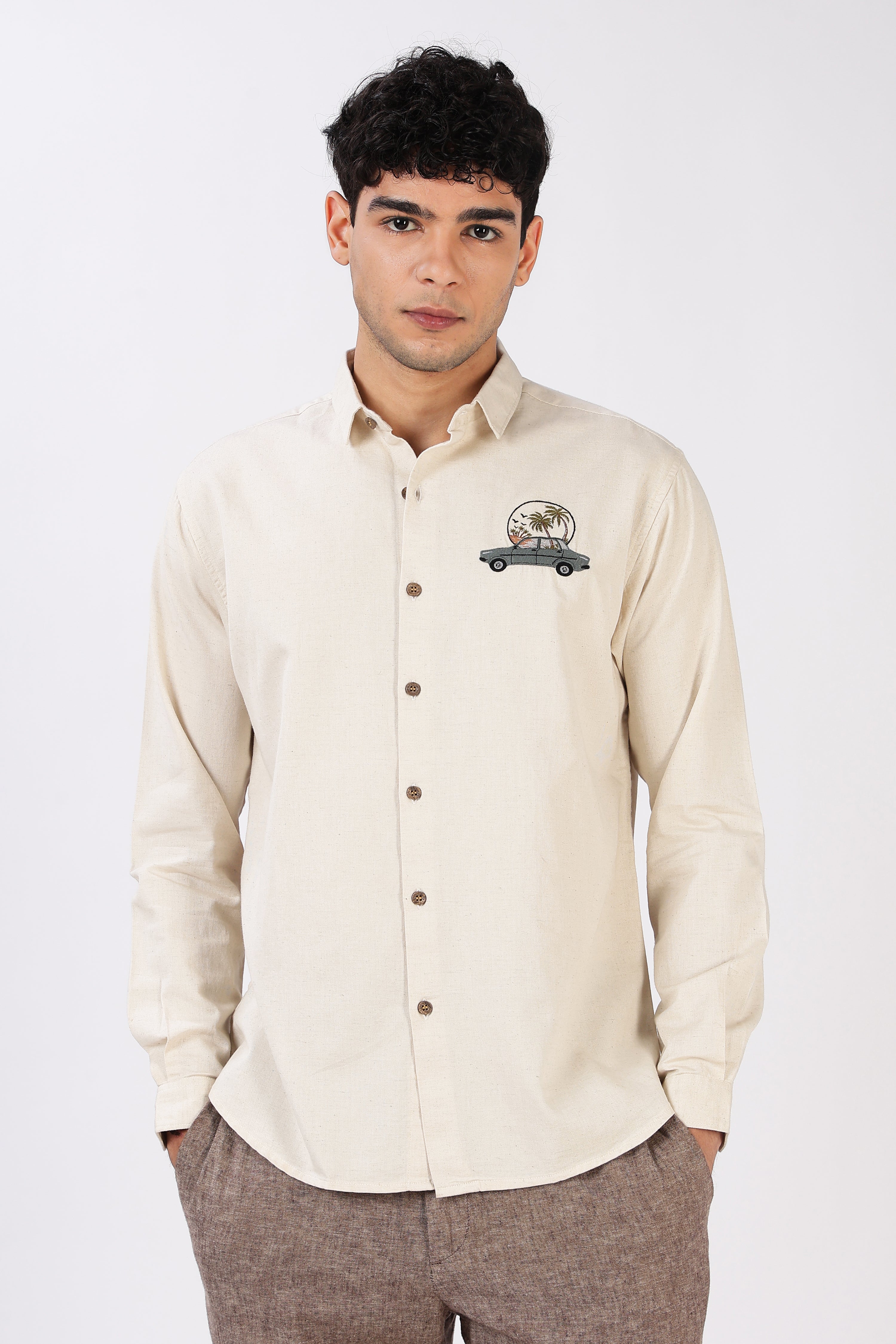 Roadtrip Escape Cotton Regular Fit Beige Embroidered Shirt