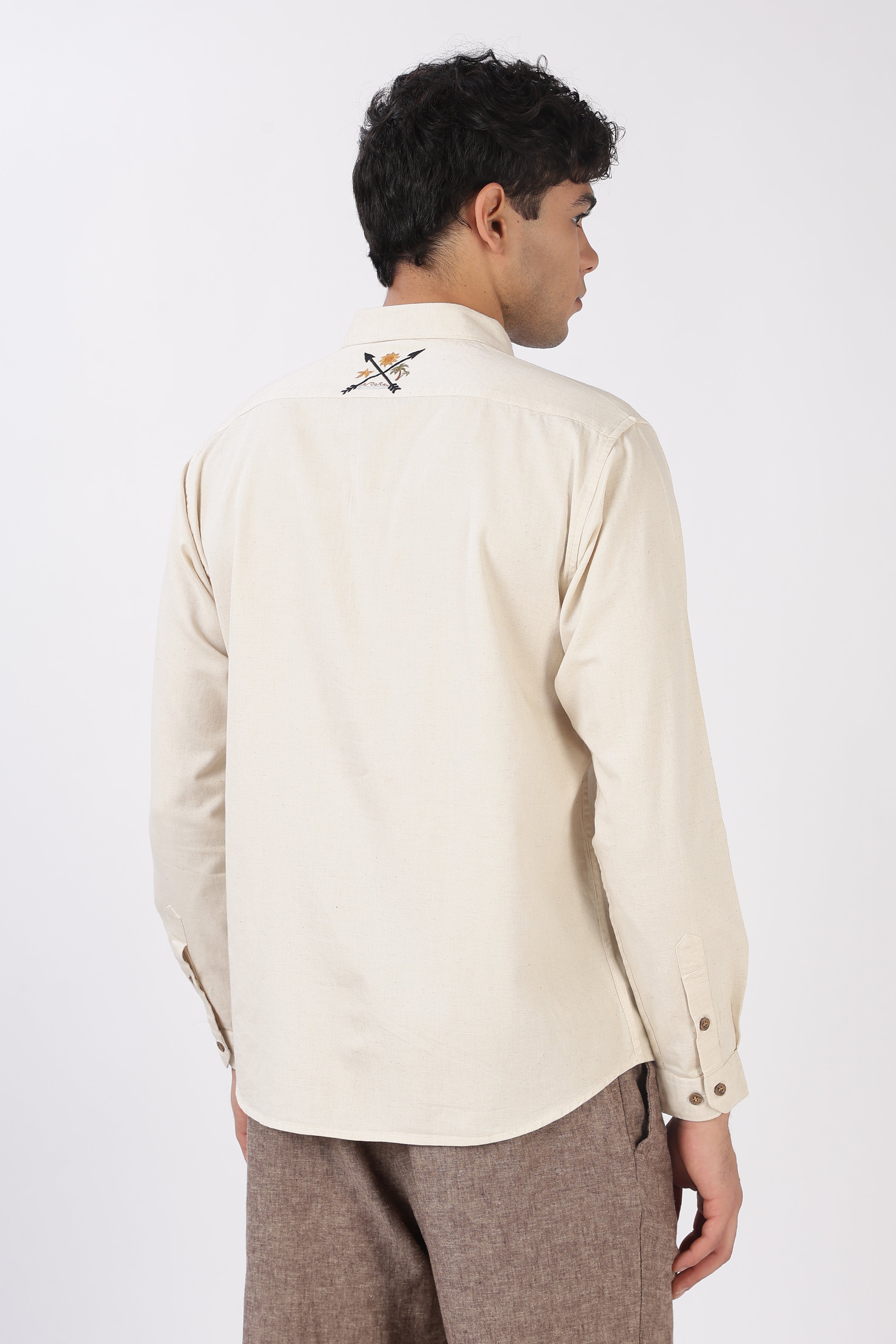 Roadtrip Escape Cotton Regular Fit Beige Embroidered Shirt