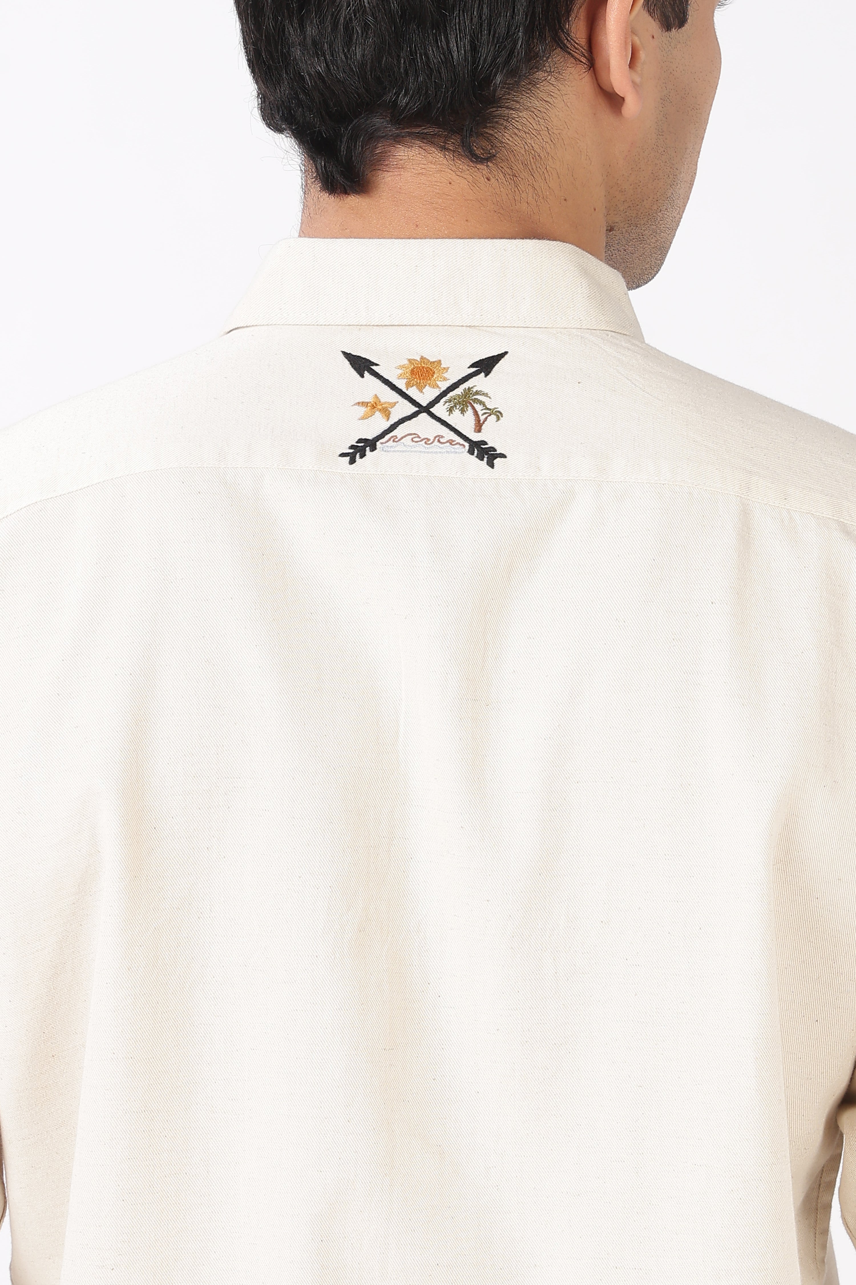 Roadtrip Escape Cotton Regular Fit Beige Embroidered Shirt