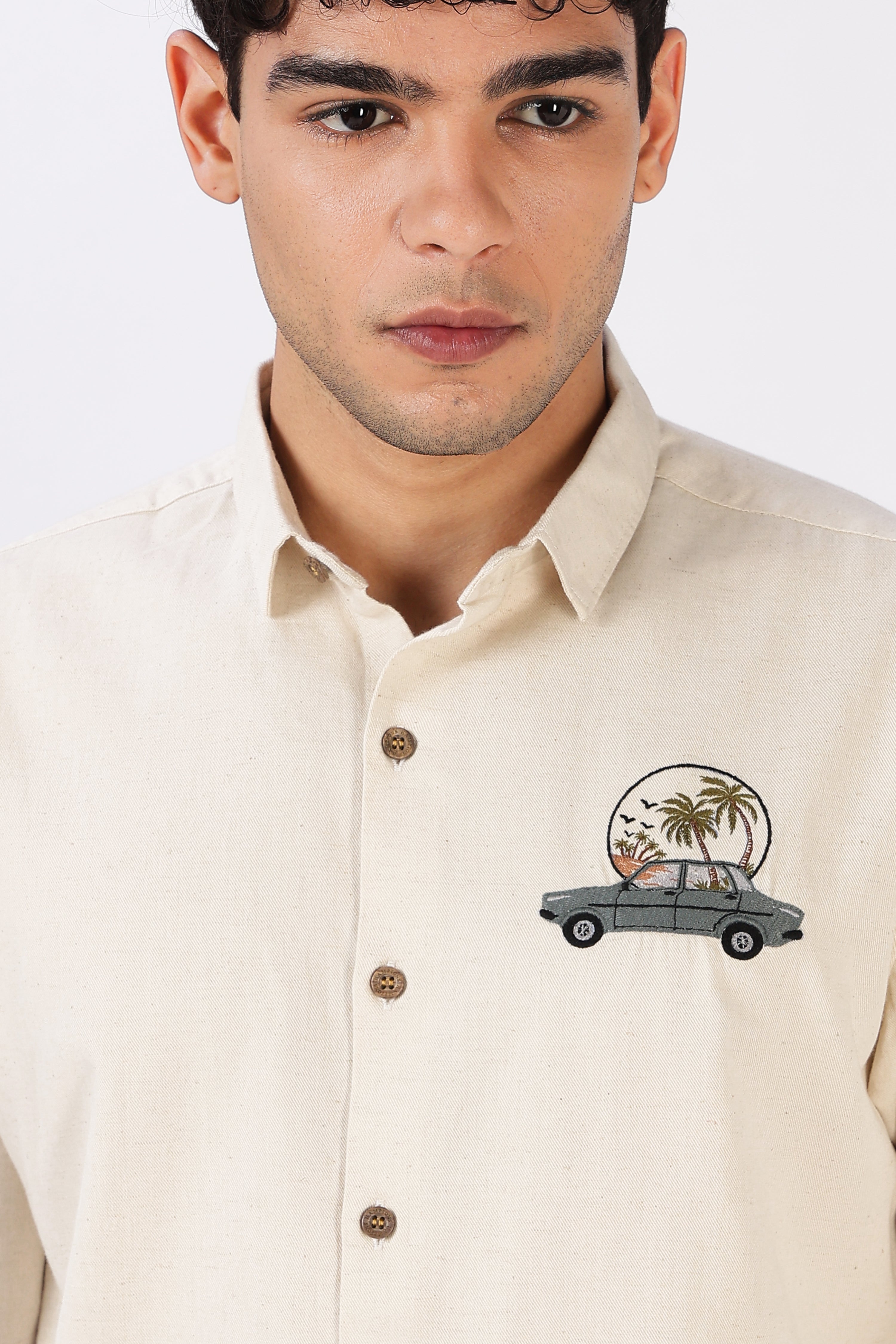 Roadtrip Escape Cotton Regular Fit Beige Embroidered Shirt