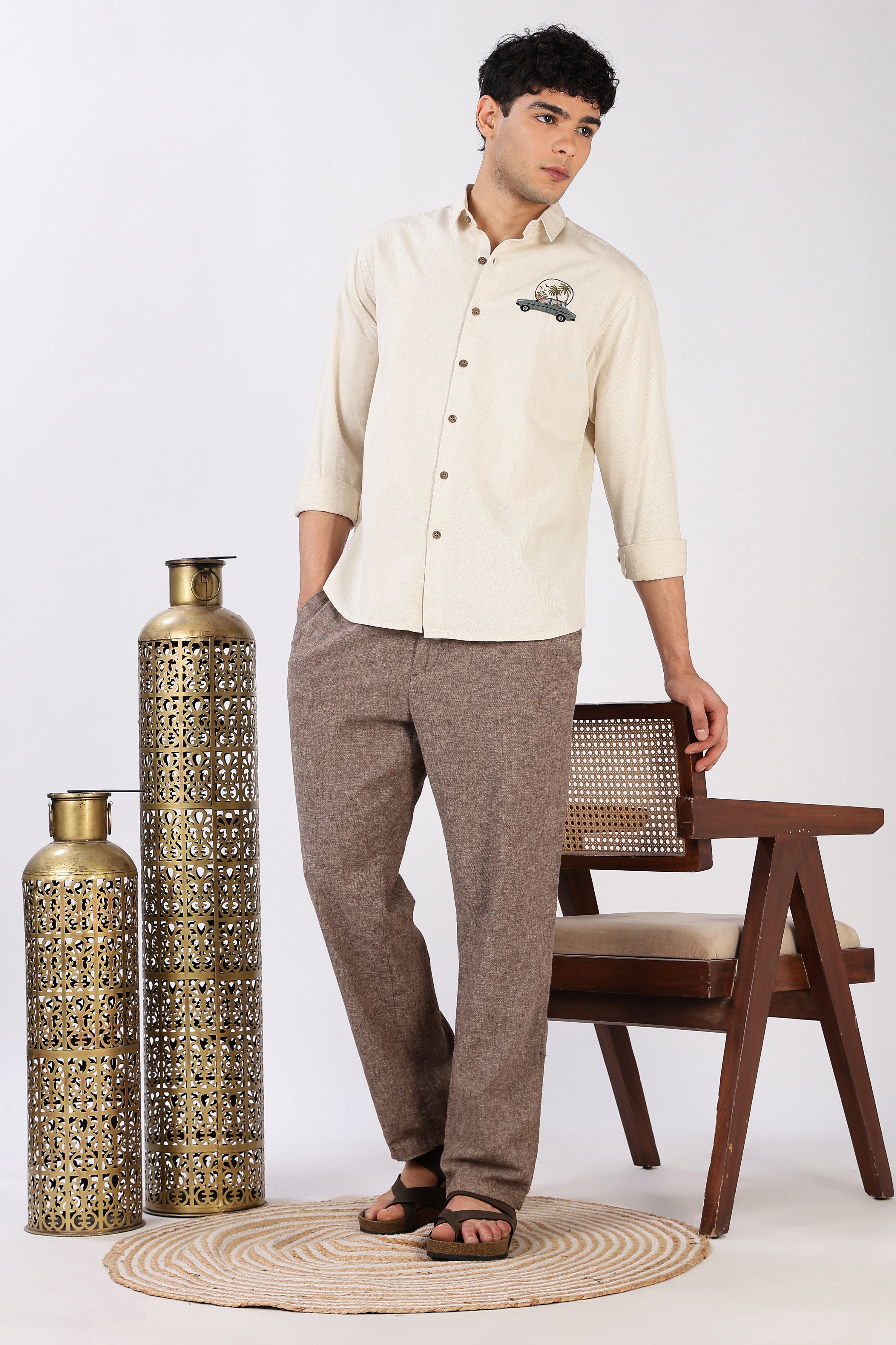 Roadtrip Escape Cotton Regular Fit Beige Embroidered Shirt