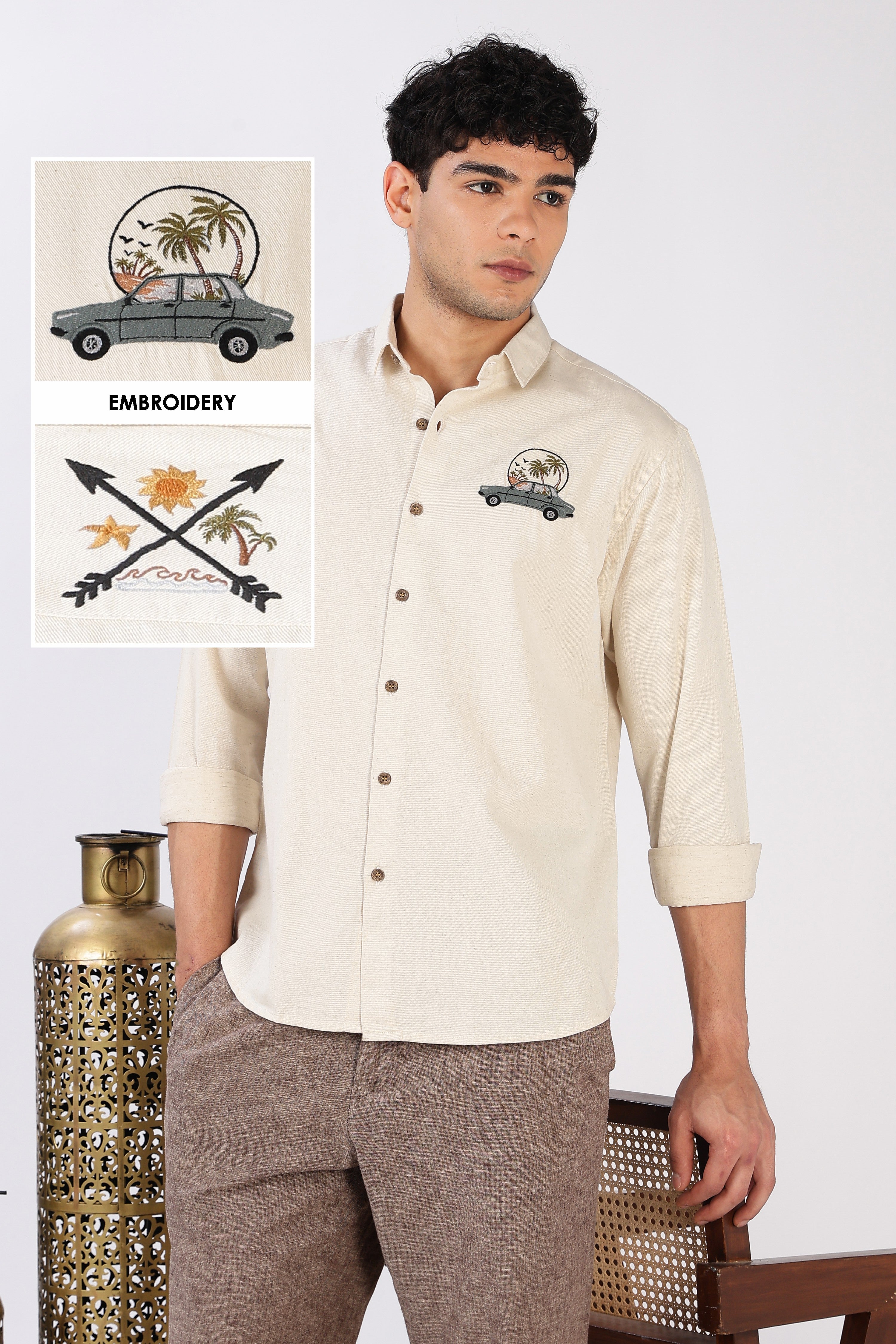 Roadtrip Escape Cotton Regular Fit Beige Embroidered Shirt