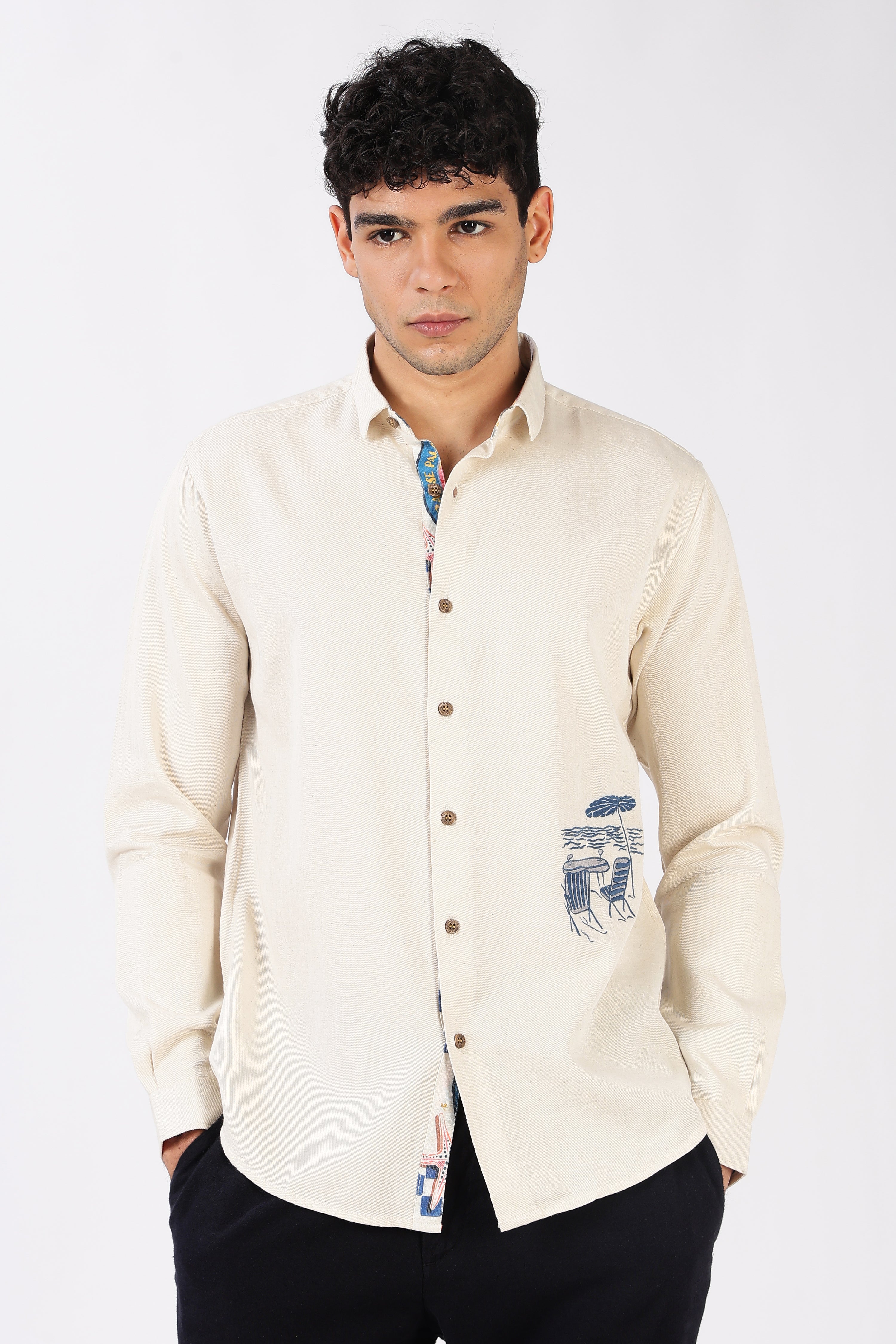 Seaside Café Cotton Regular Fit Beige Embroidered Shirt