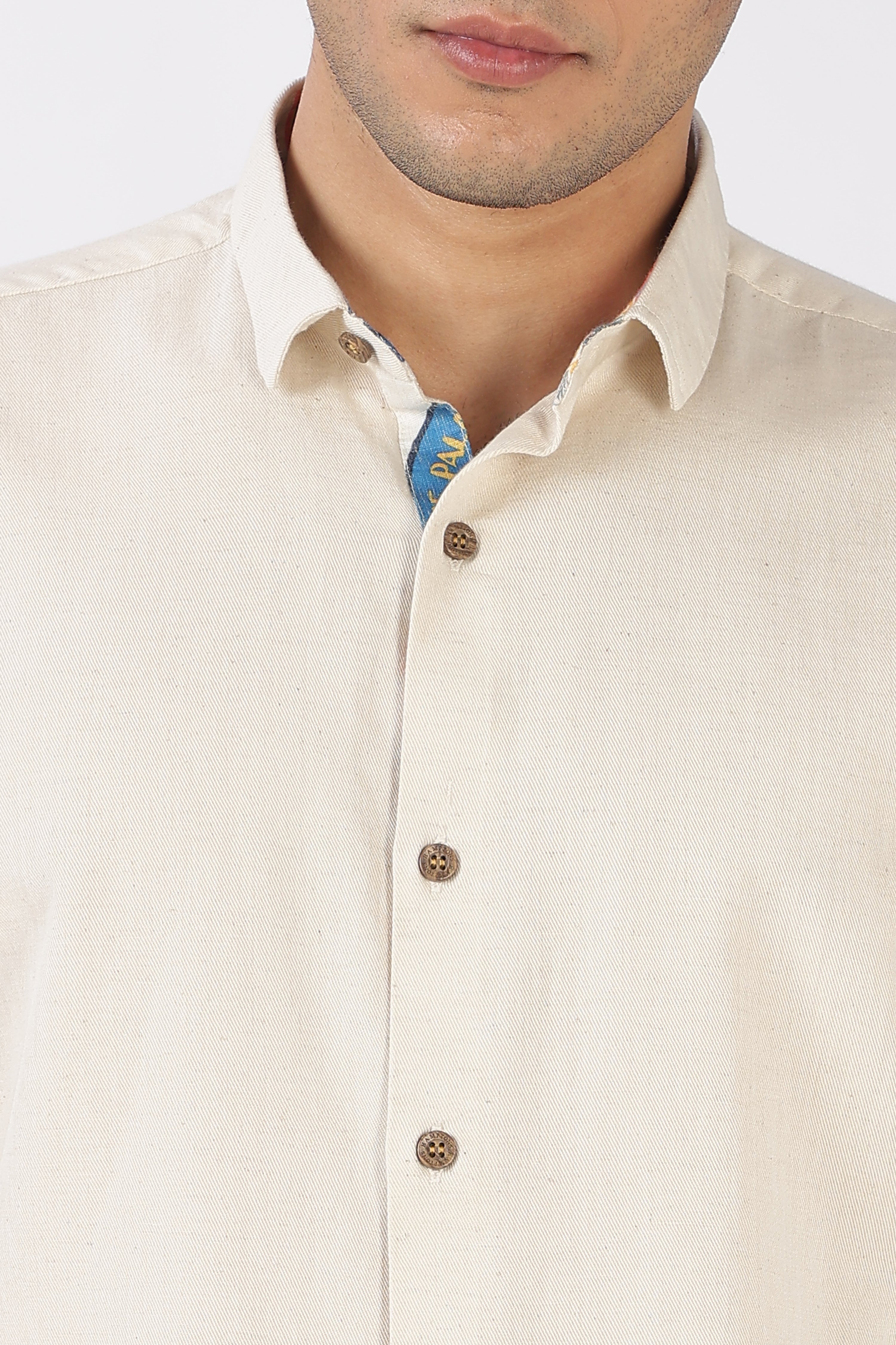 Seaside Café Cotton Regular Fit Beige Embroidered Shirt