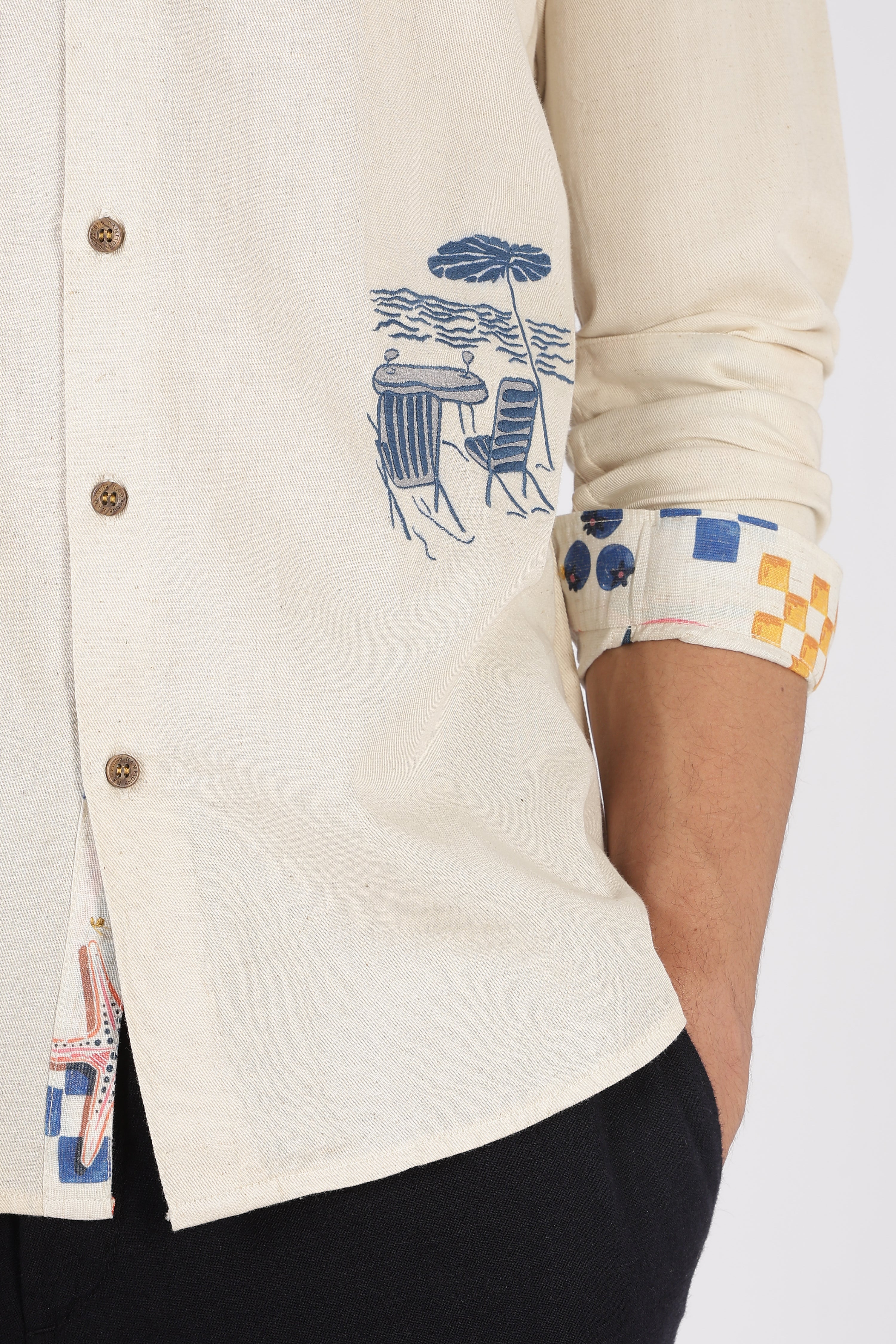 Seaside Café Cotton Regular Fit Beige Embroidered Shirt