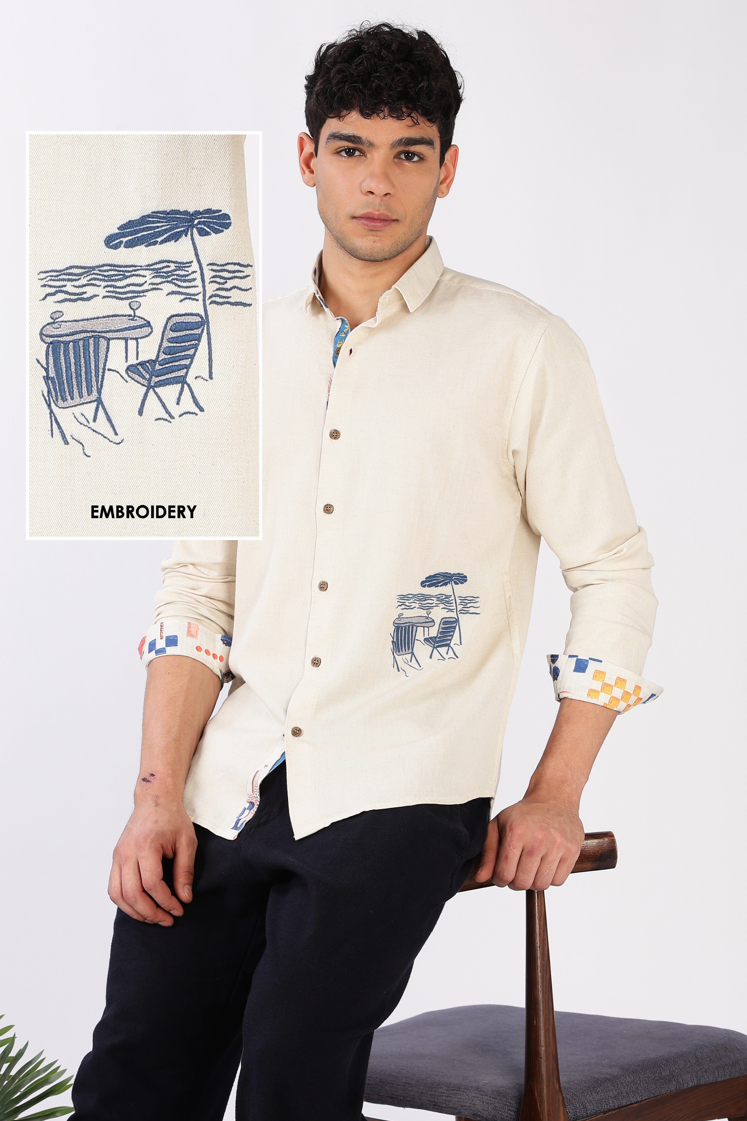 Seaside Café Cotton Regular Fit Beige Embroidered Shirt