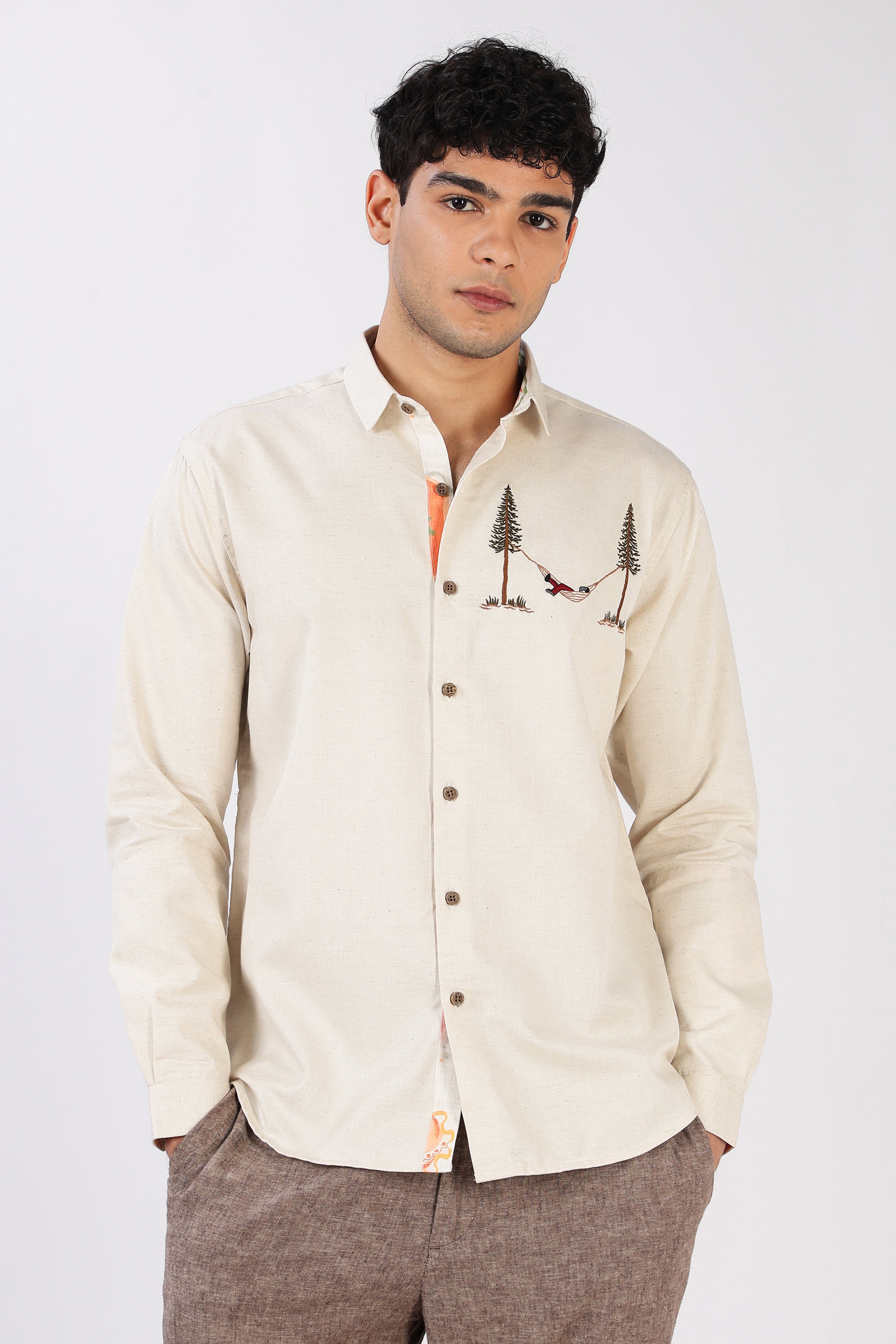 Hammock Escape Cotton Regular Fit Beige Embroidered Shirt