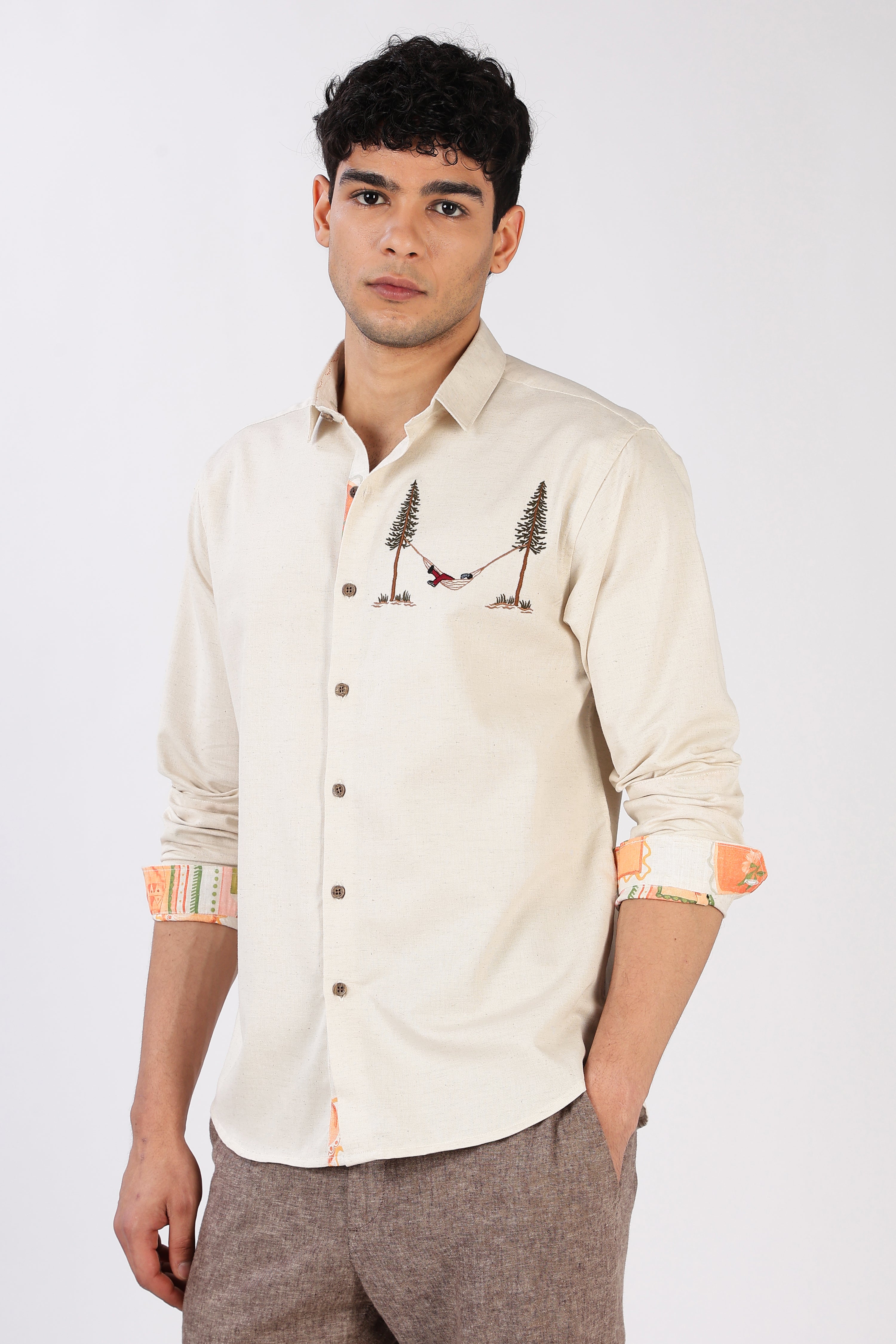 Hammock Escape Cotton Regular Fit Beige Embroidered Shirt