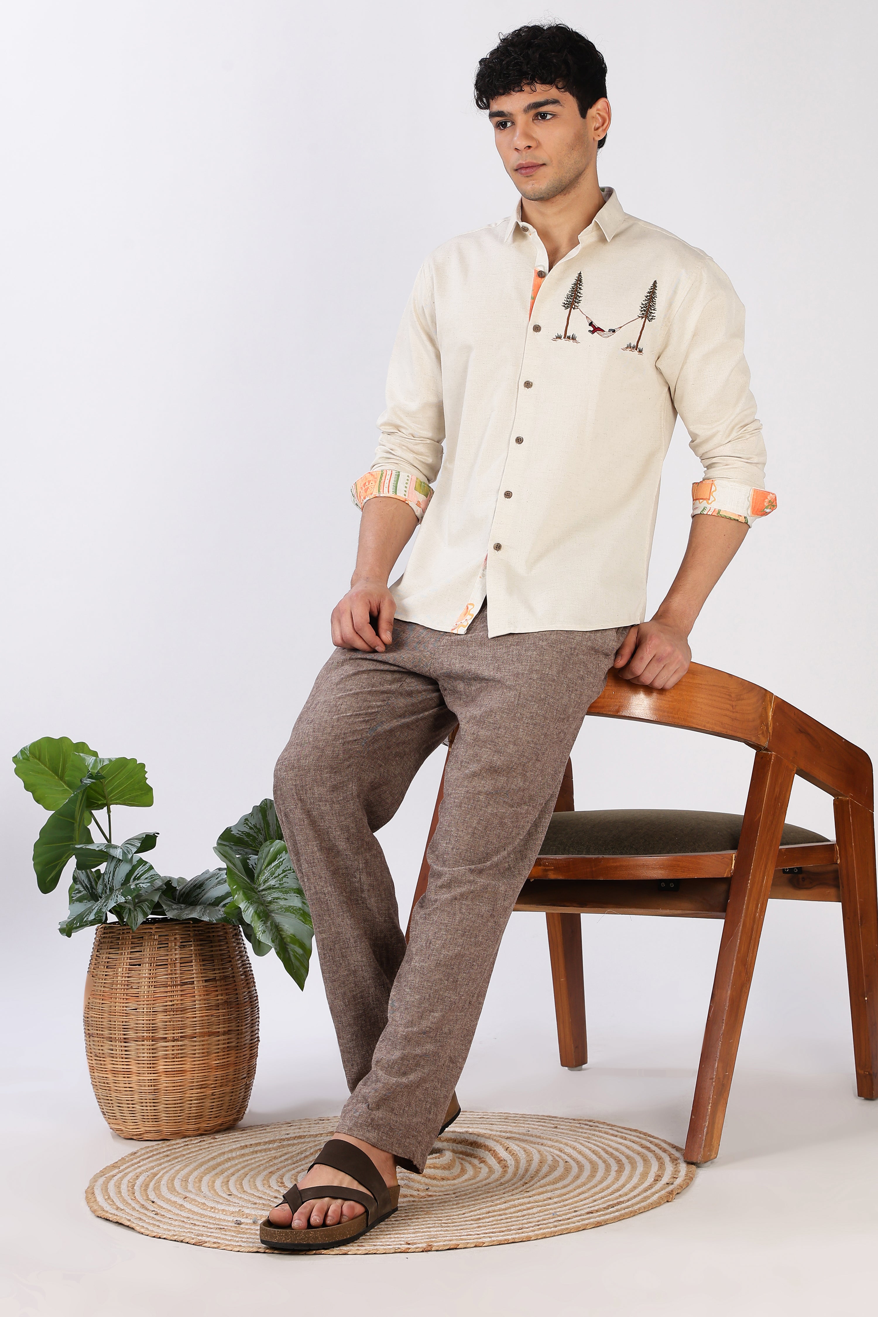 Hammock Escape Cotton Regular Fit Beige Embroidered Shirt
