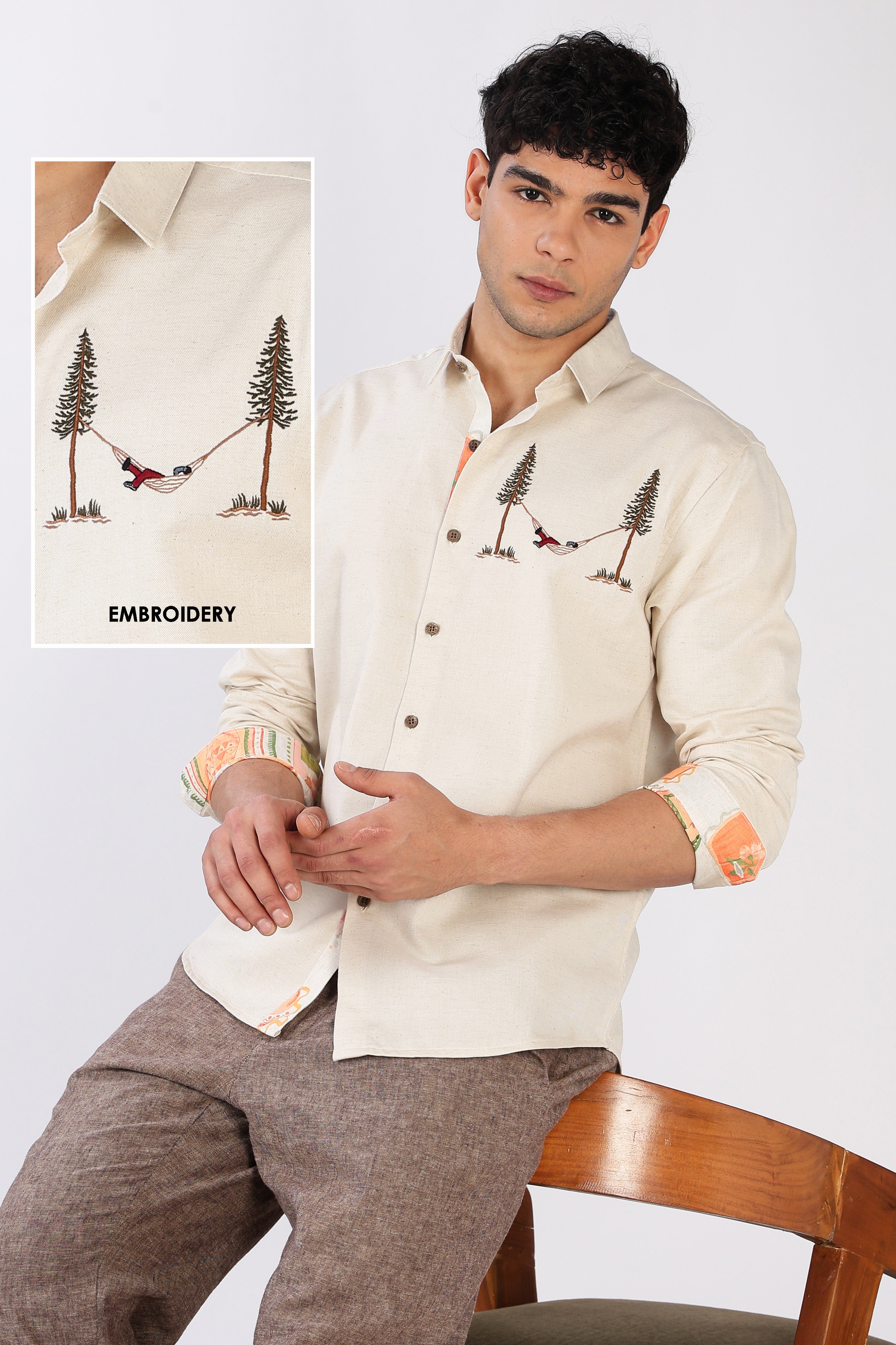 Hammock Escape Cotton Regular Fit Beige Embroidered Shirt