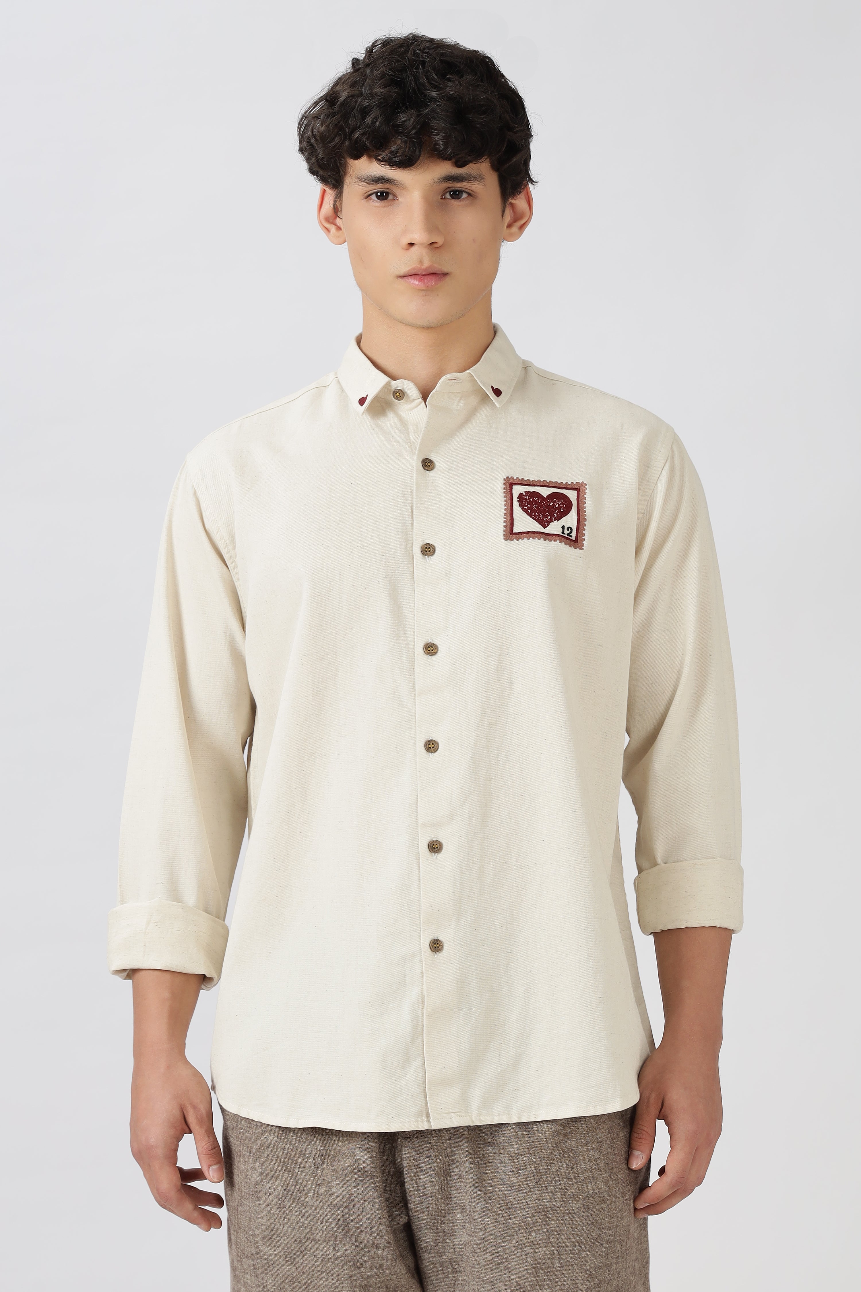 Love Letter 12 Cotton Regular Fit Beige Embroidered Shirt