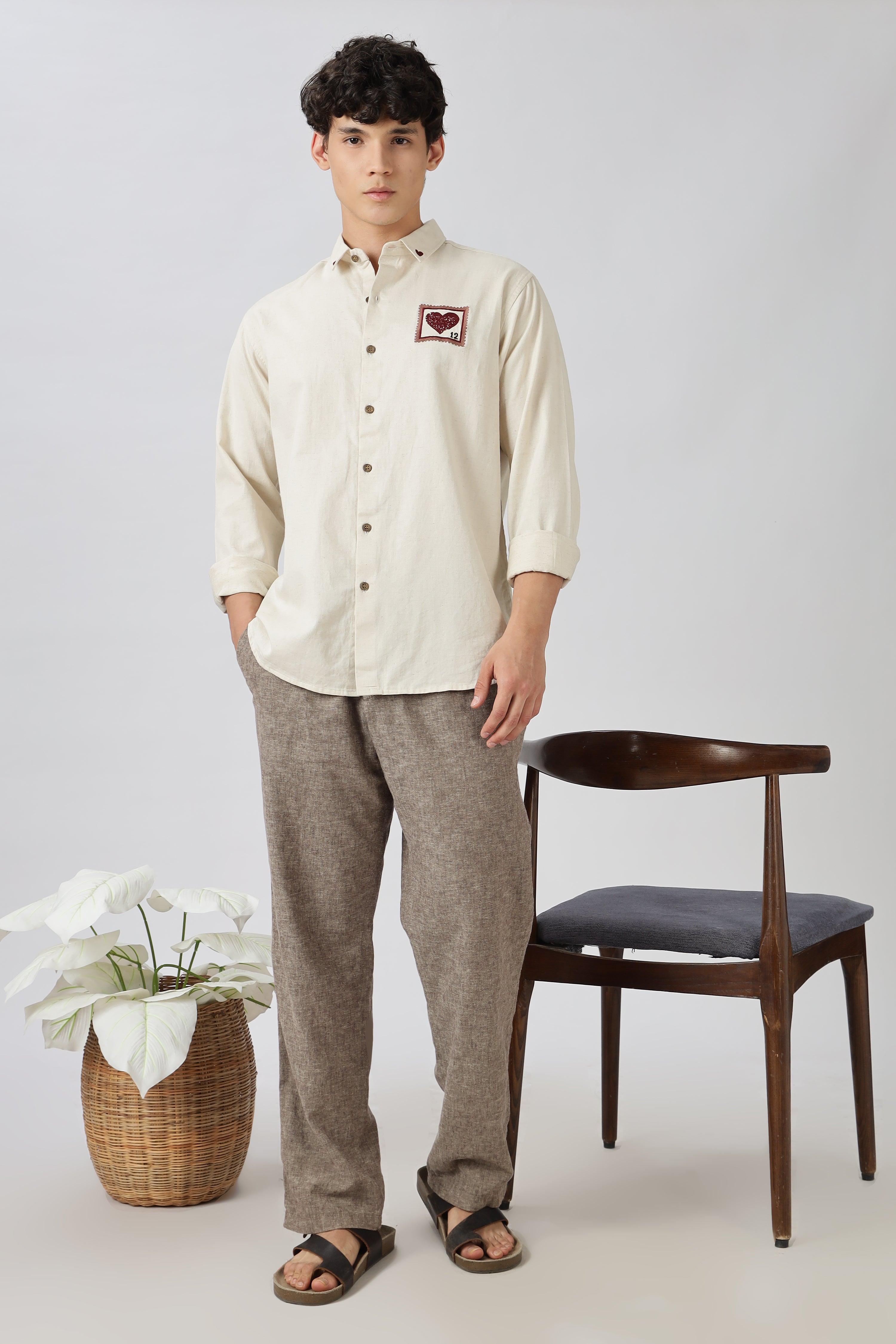 Love Letter 12 Cotton Regular Fit Beige Embroidered Shirt