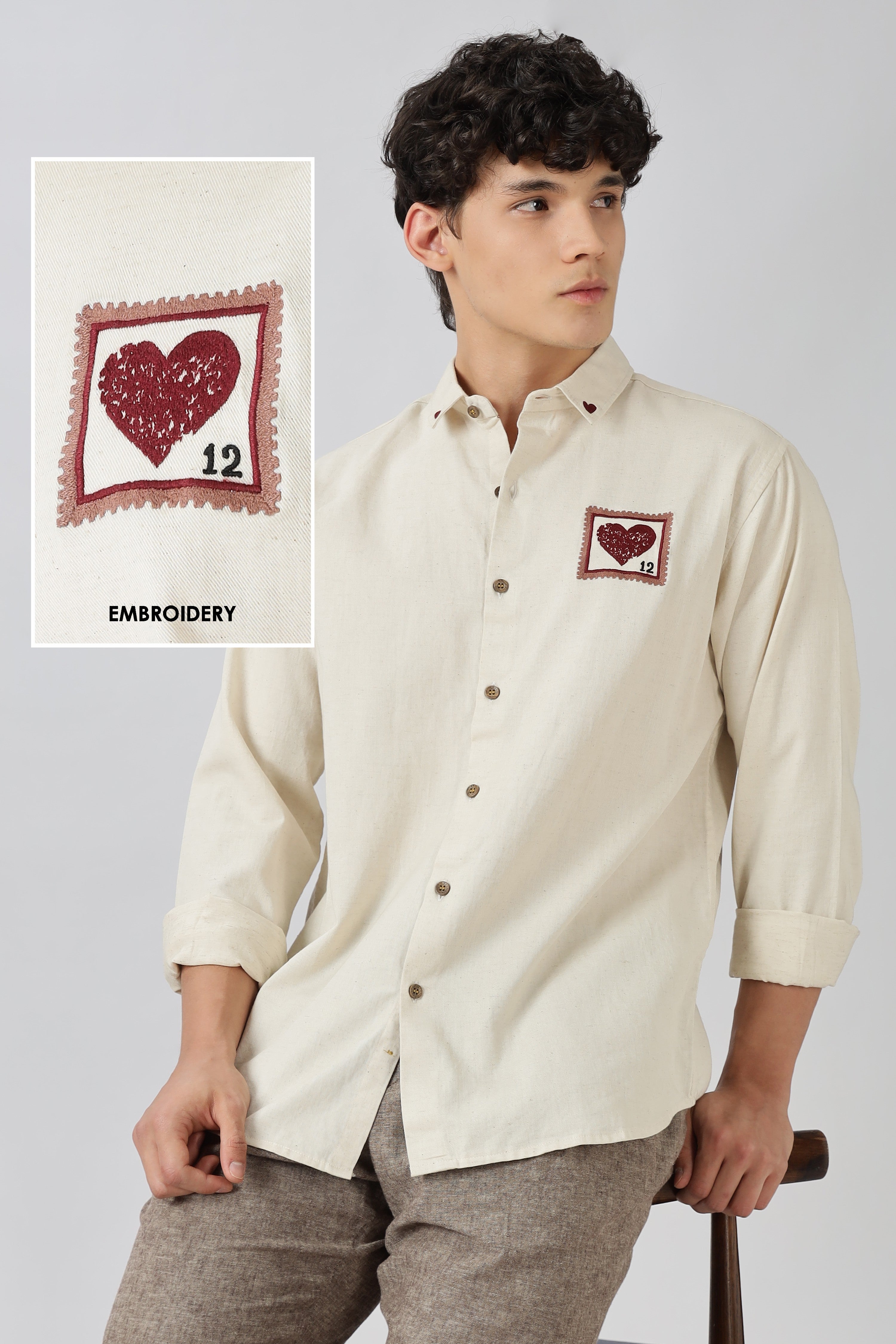 Love Letter 12 Cotton Regular Fit Beige Embroidered Shirt