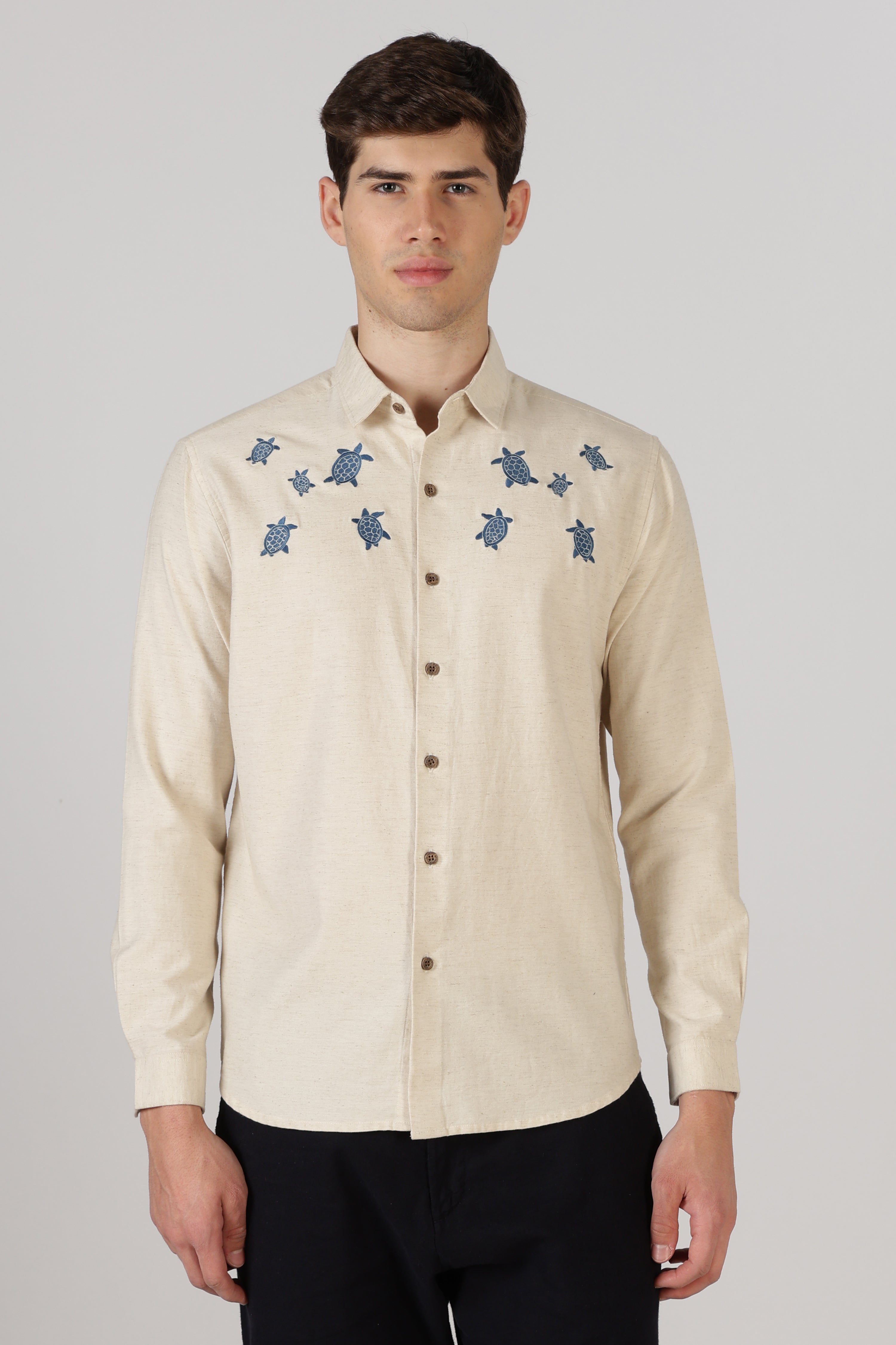 Turtle Trail Cotton Regular Fit Beige Embroidered Shirt