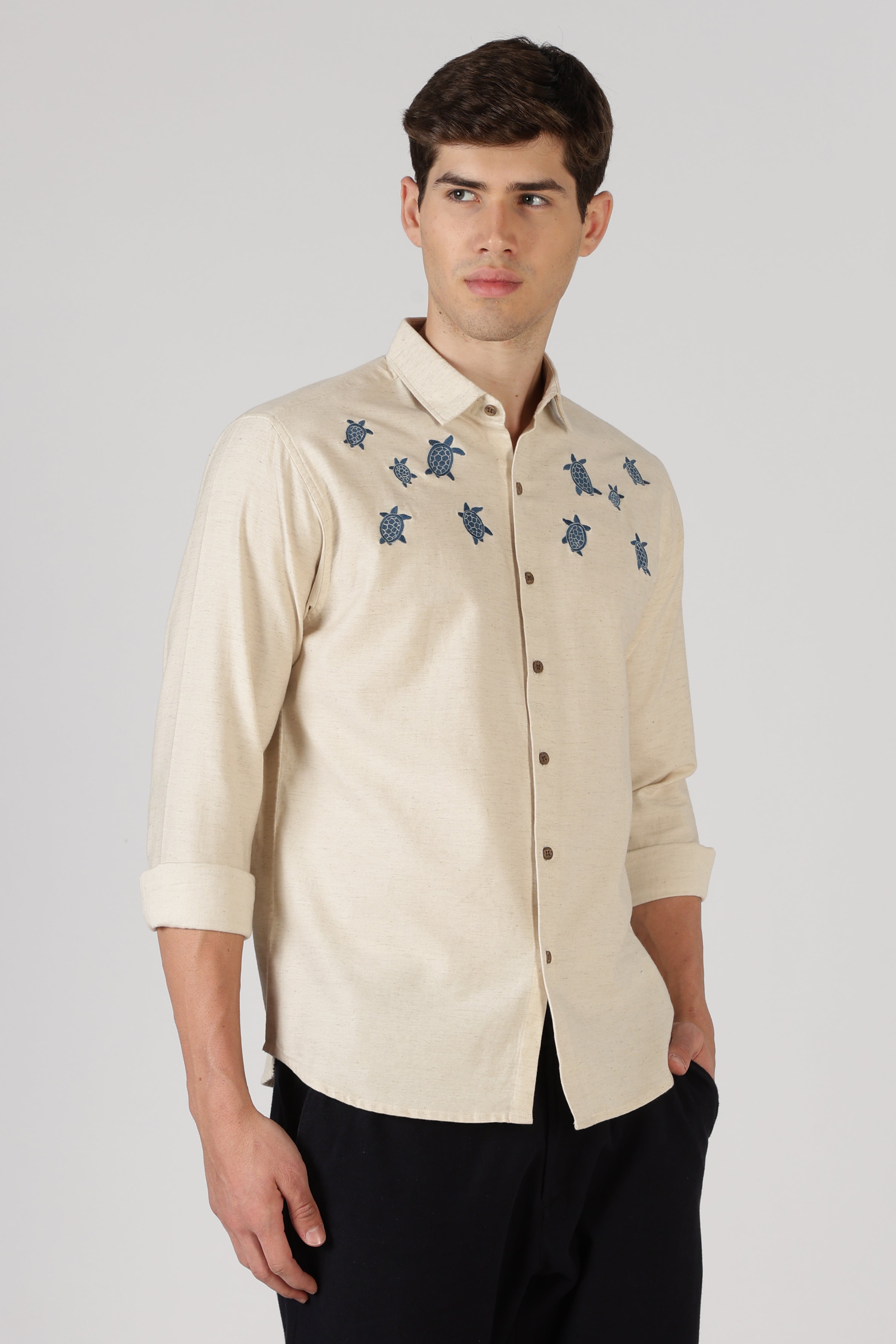 Turtle Trail Cotton Regular Fit Beige Embroidered Shirt