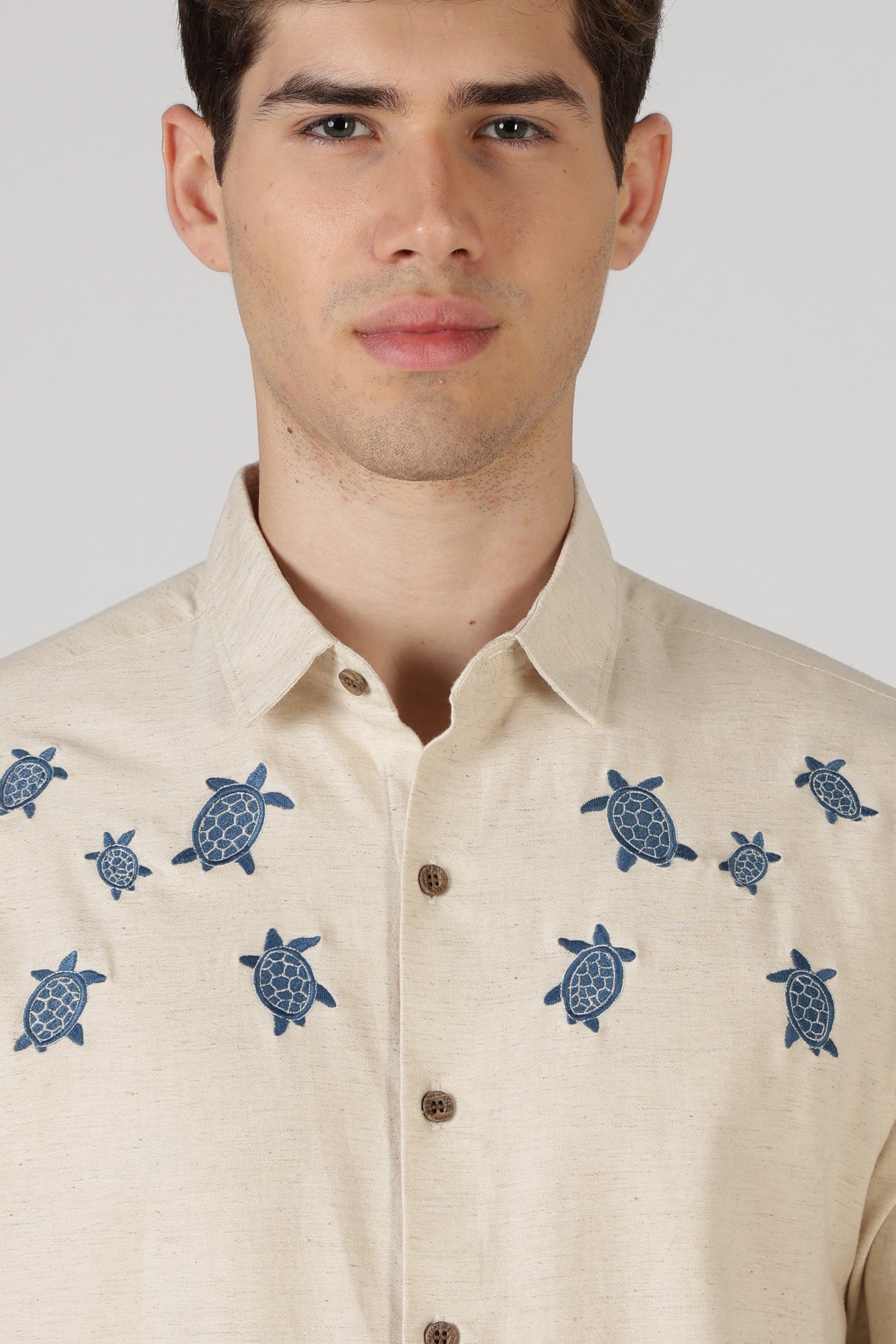 Turtle Trail Cotton Regular Fit Beige Embroidered Shirt